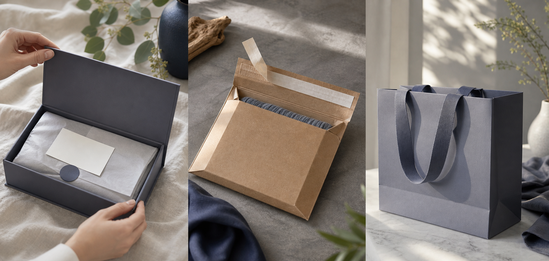 Three side-by-side product packaging scenes on a single wide image — left: a rigid magnetic-close cosmetic box opening to reveal tissue paper and a small thank-you card; center: a recycled-brown e-commerce mailer with a peel-strip and tape-free closu