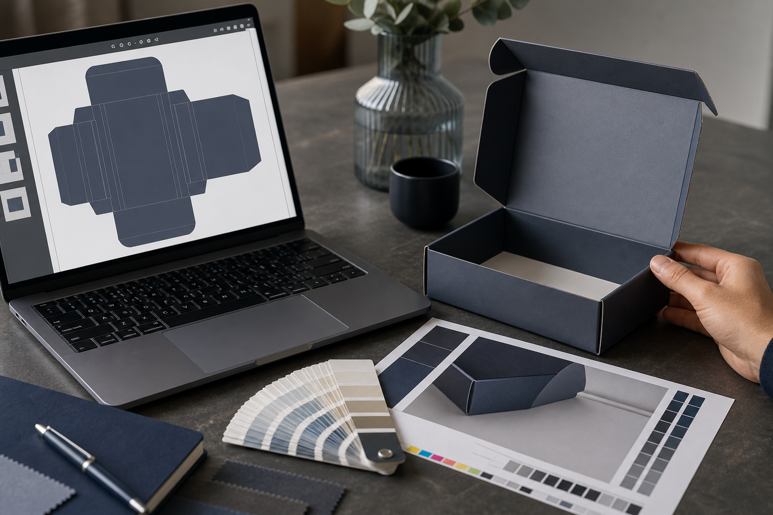 A meeting-table angle shot. A laptop showing a packaging proof PDF on the left side of the frame. On the right, an actual physical sample — a partially assembled rigid box with a Pantone color guide fan placed next to it, plus a printed color-accurac