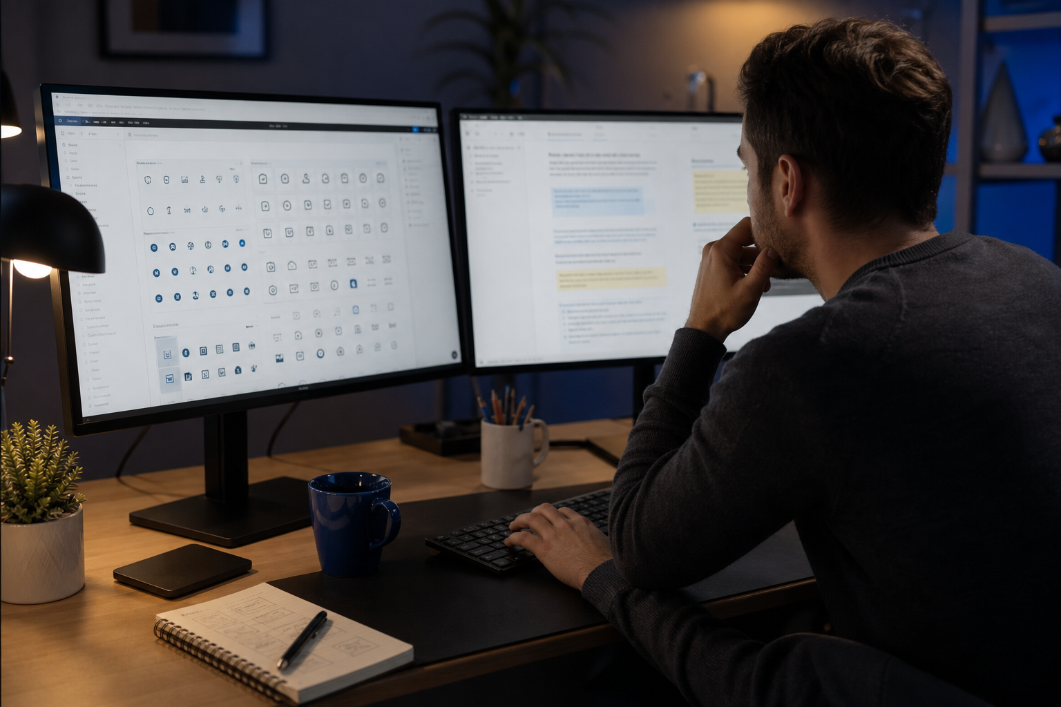 A UX designer at a dual-monitor setup, late evening lighting. Left monitor shows a cluttered Figma file with dozens of icon variants. Right monitor shows a Notion or research doc with highlighted interview quotes. Designer mid-keystroke, slight frust