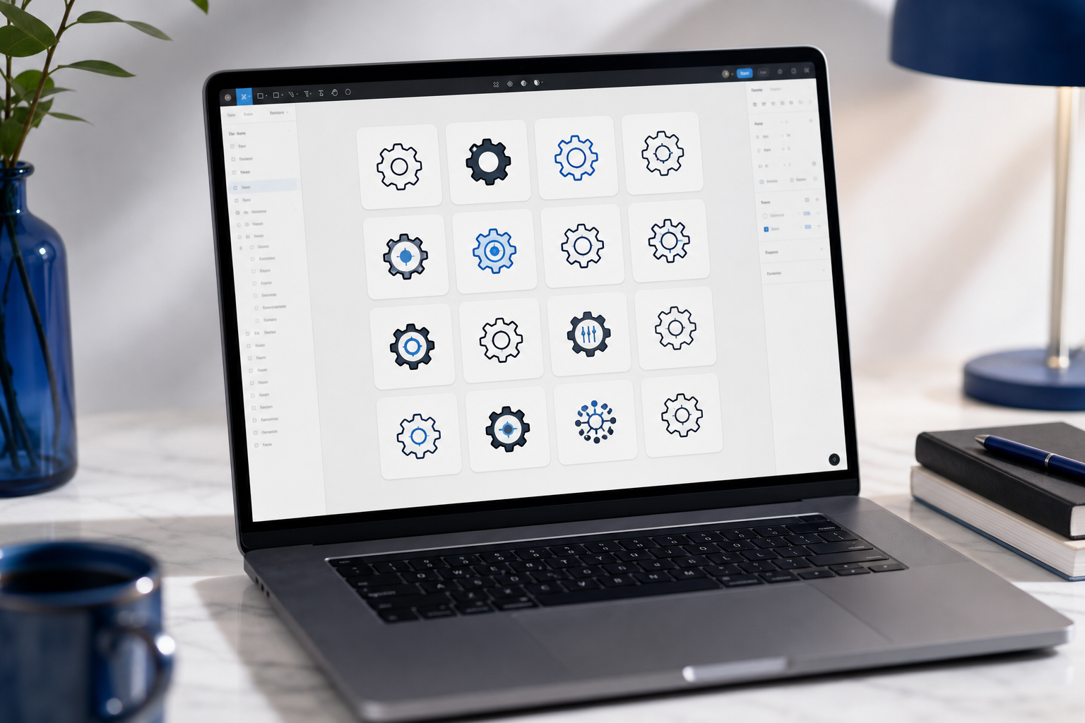 A Figma canvas screenshot showing a 4×4 grid of AI-generated icon variations for a single "settings" concept — 16 different visual treatments side by side. Subtle UI chrome visible. Conveys the variety AI produces in a single batch.