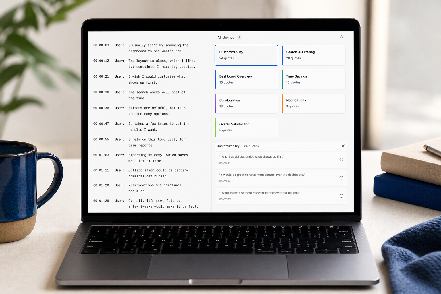Split-screen interface capture. Left half: raw user interview transcript with timestamps. Right half: Dovetail-style theme cluster view showing 6-8 themes with linked quote counts. One theme card expanded to show evidence quotes.
