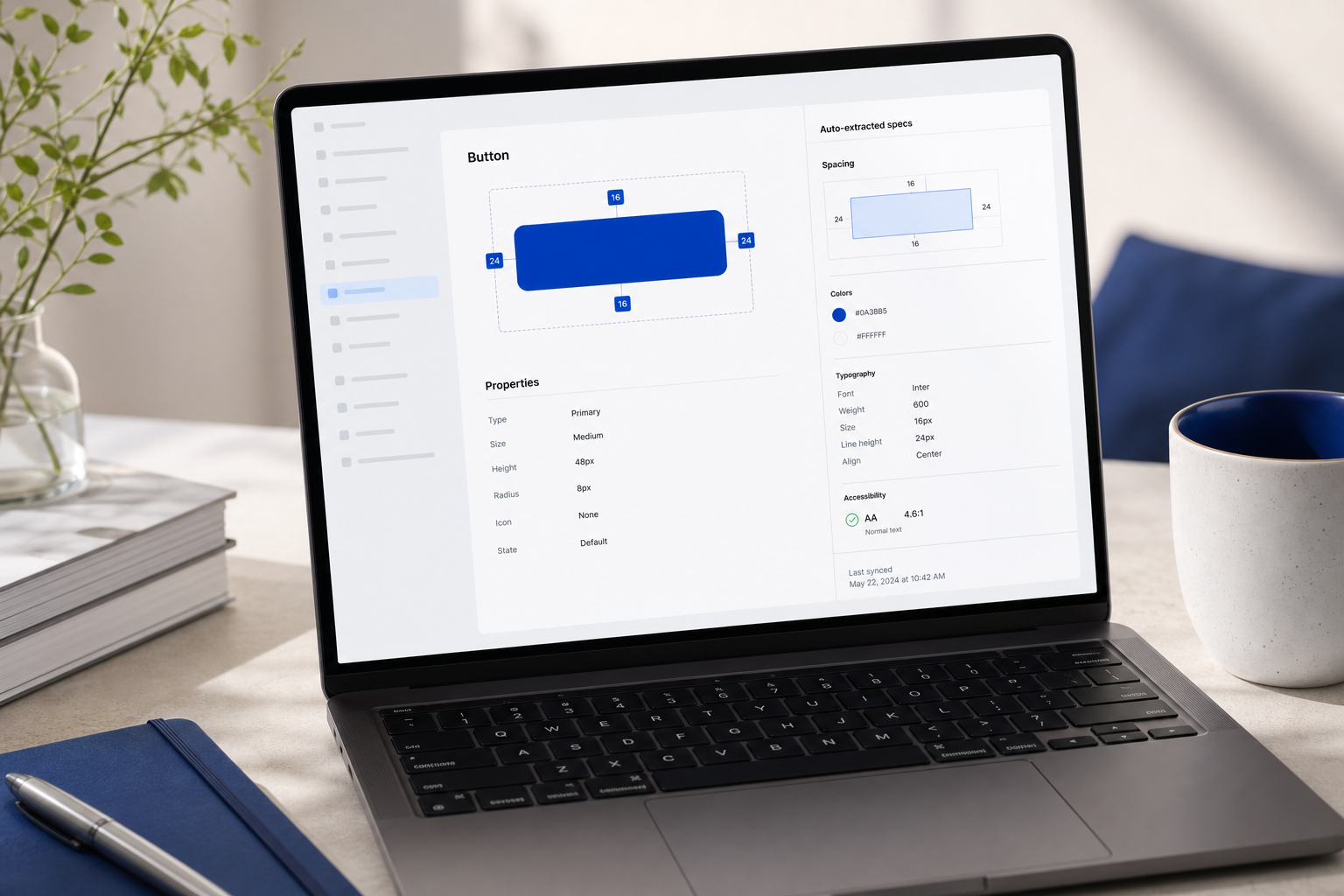 A Zeroheight or Supernova-style documentation site screenshot showing a button component with auto-extracted specs displayed: padding values, color tokens, typography, accessibility status. Clean structured layout with a "last synced" times