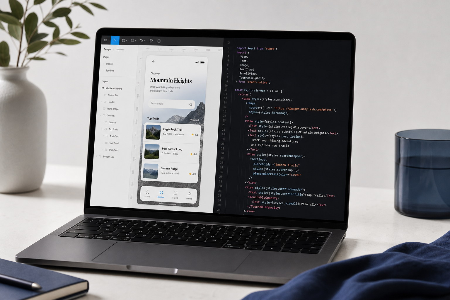 Side-by-side composition. Left: Figma frame showing a designed mobile app screen. Right: Locofy.ai code-output panel showing React/JSX generated from that frame, with syntax highlighting. Visually communicates design-to-code in a single image.
