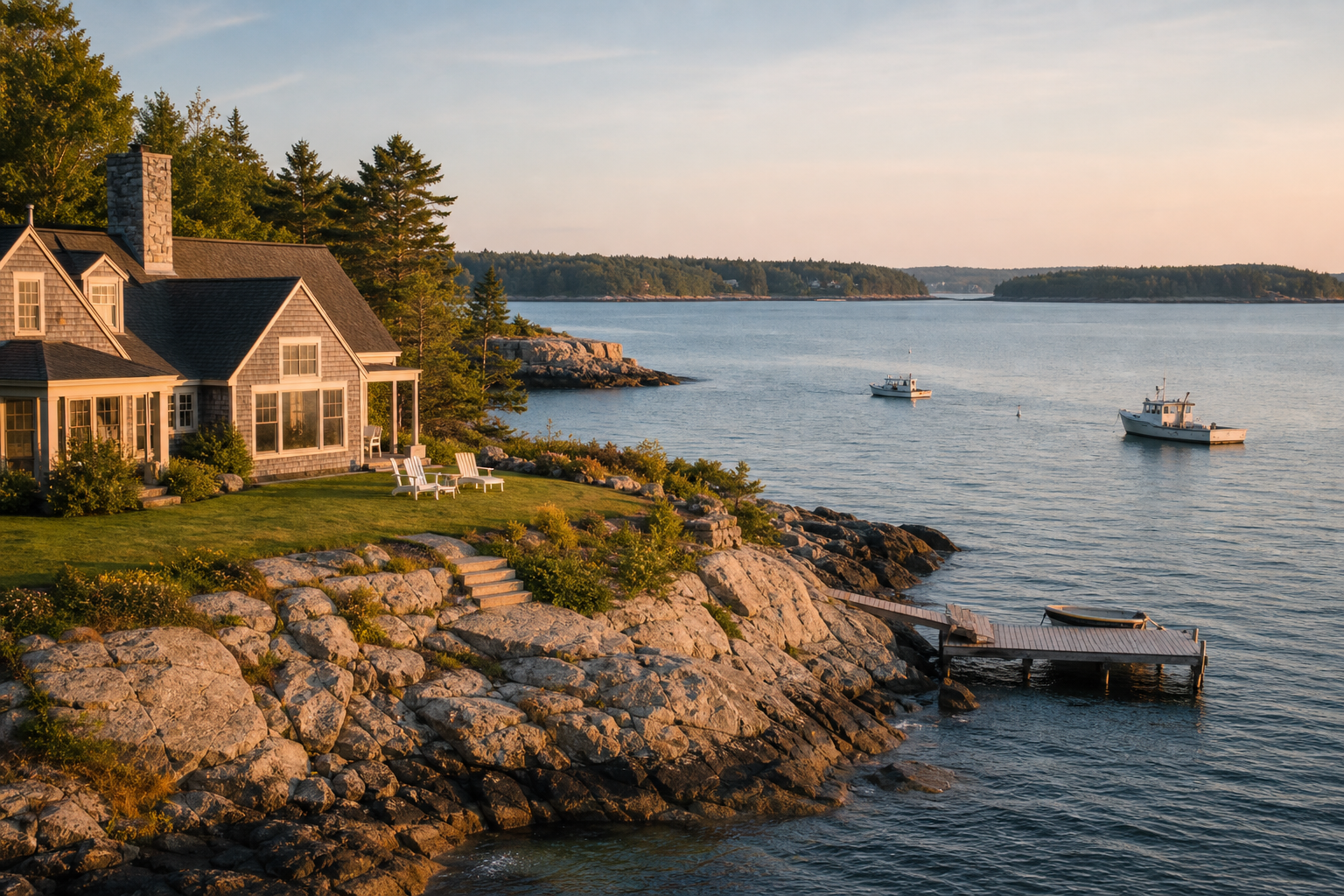 A Maine coastal property at golden hour — weathered cedar-shingle home with granite ledge frontage, a small dock, lobster boats visible offshore. Wide angle, slight elevation.