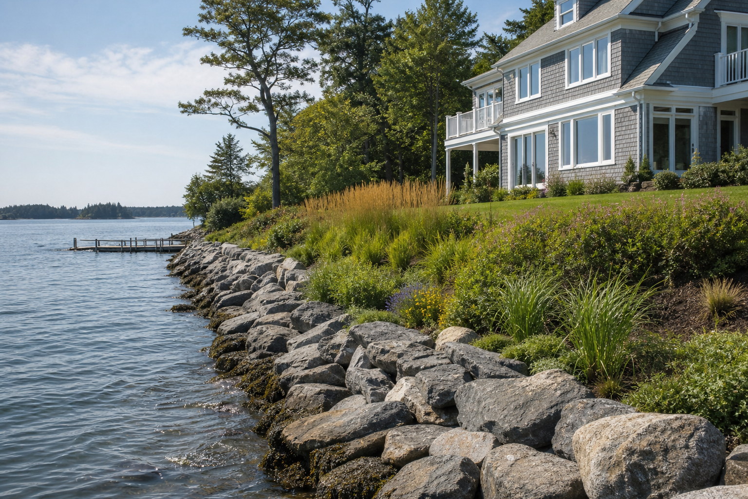 A Maine coastal property with visible mitigation — granite riprap revetment at the base of a bluff or a living shoreline with native plantings transitioning to the high-tide line. Mid-distance shot showing home, shoreline structure, and water. Captio