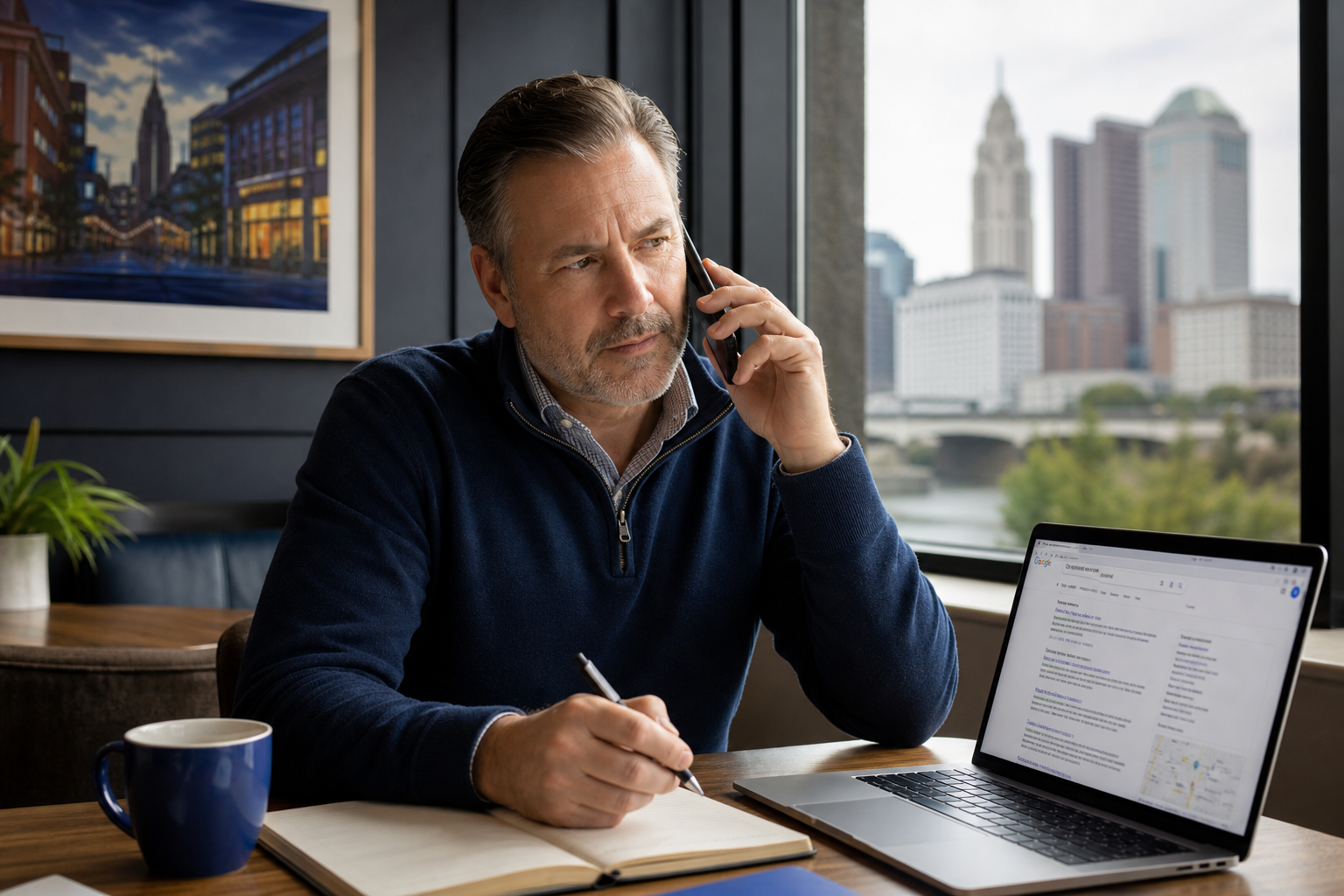 Un chef d'entreprise à Columbus (40-50 ans, tenue décontractée professionnelle, accessible) assis à un bureau dans ce qui ressemble à un petit bureau ou un café. Ordinateur portable ouvert avec une page de résultats Google Search visible. Téléphone en main en pleine conversation, légère expression sceptique. Lumière naturelle douce