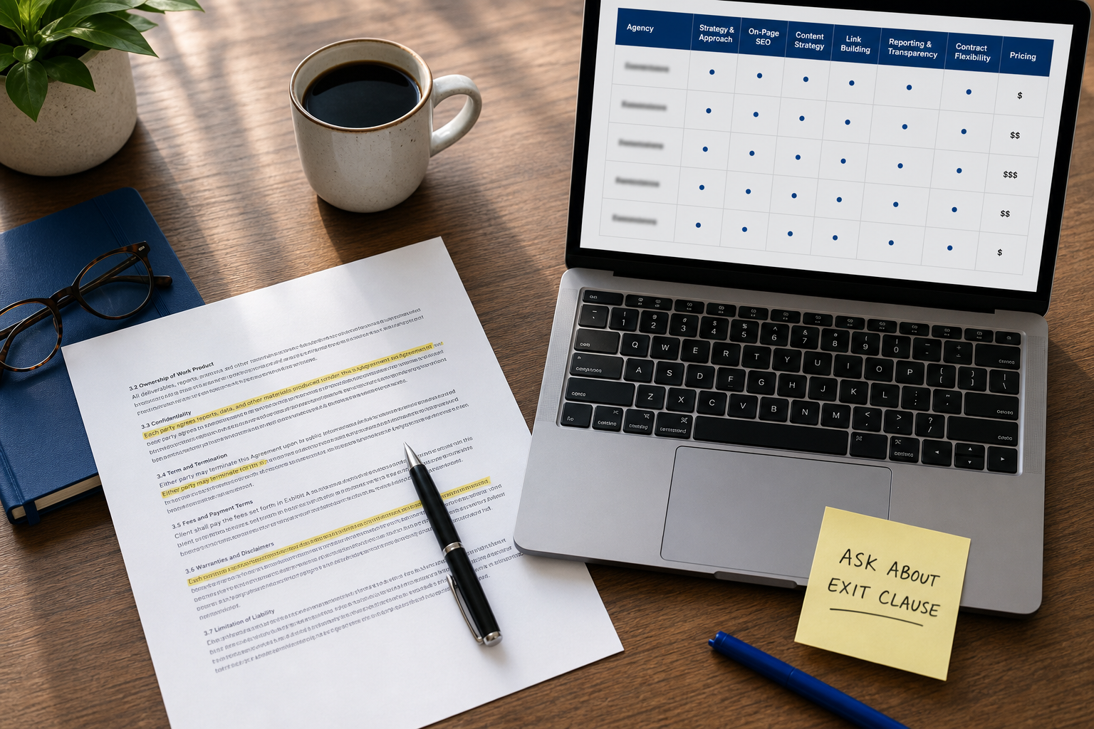 Scène de bureau en vue de dessus. Visible : un contrat imprimé avec des surlignages, un stylo, un écran d'ordinateur portable montrant un tableau comparatif avec des noms d'agences masqués, une tasse de café, un Post-it avec "DEMANDER LA CLAUSE DE SORTIE" écrit à la main