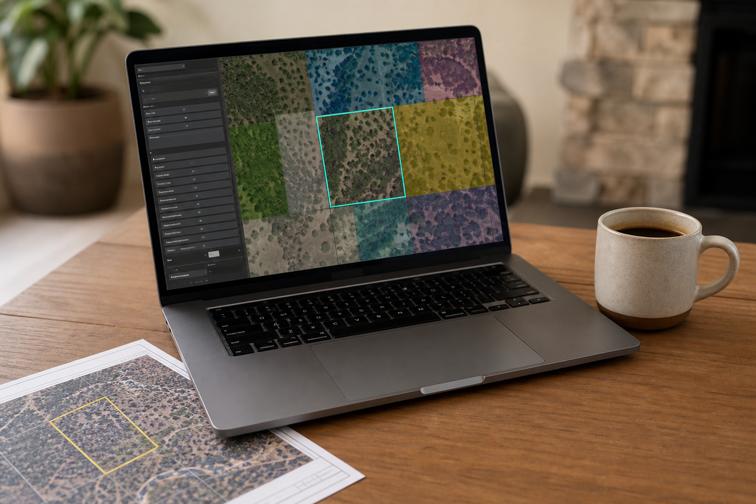 A laptop on a wood desk showing a Colorado county GIS portal with a parcel highlighted in colored zoning overlay. Include a printed parcel map and a coffee mug in frame.