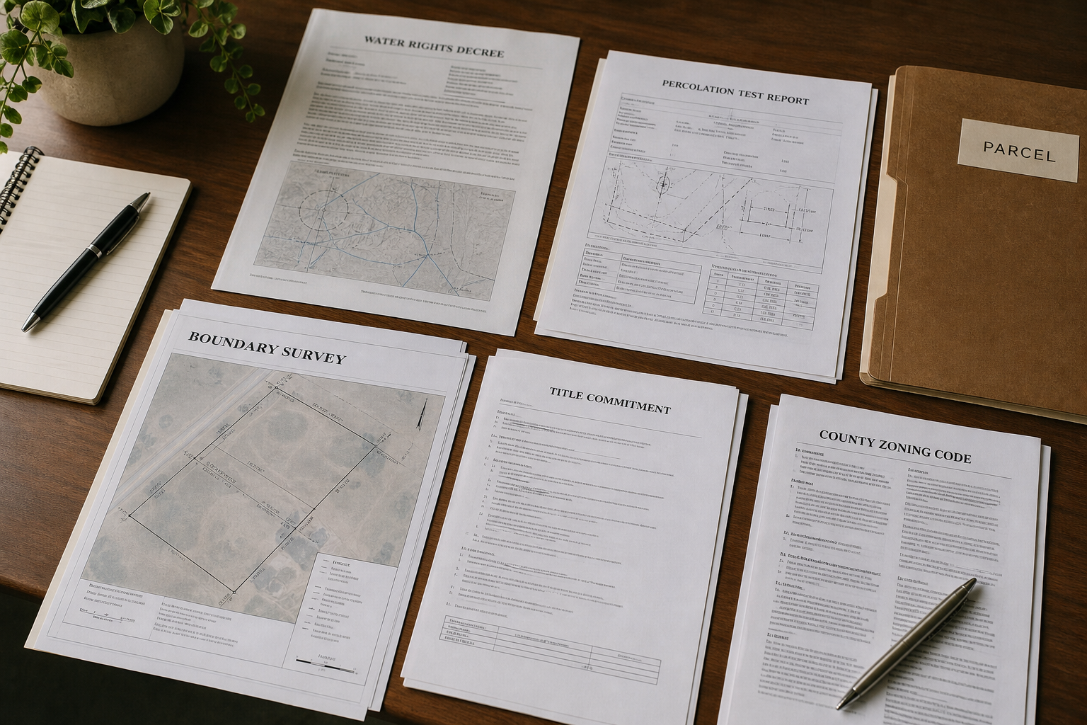 Flat-lay of a completed due-diligence file — a water rights decree printout, a perc test report, a boundary survey map, a title commitment, and a county zoning code excerpt arranged on a desk with a pen and a parcel-labeled folder visible.