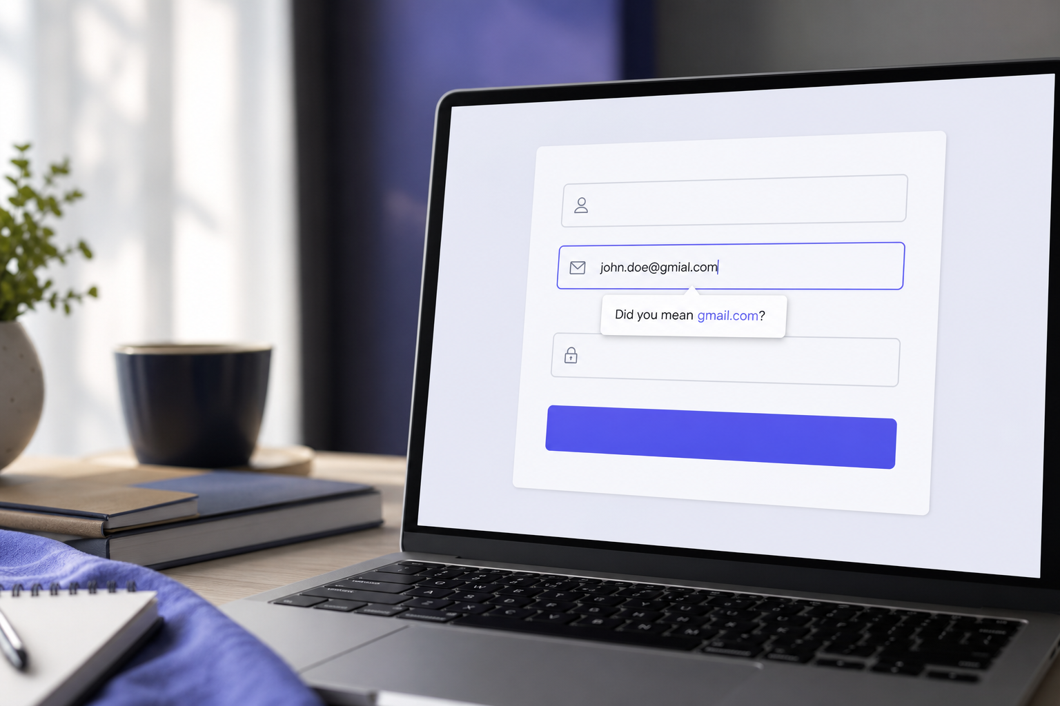 Gros plan d'un écran d'ordinateur portable affichant un formulaire d'inscription épuré. Le champ e-mail est en focus, avec une info-bulle en ligne visible indiquant "Vouliez-vous dire gmail.com ?" — arrière-plan légèrement flou, design d'interface moderne, palette de couleurs neutre.