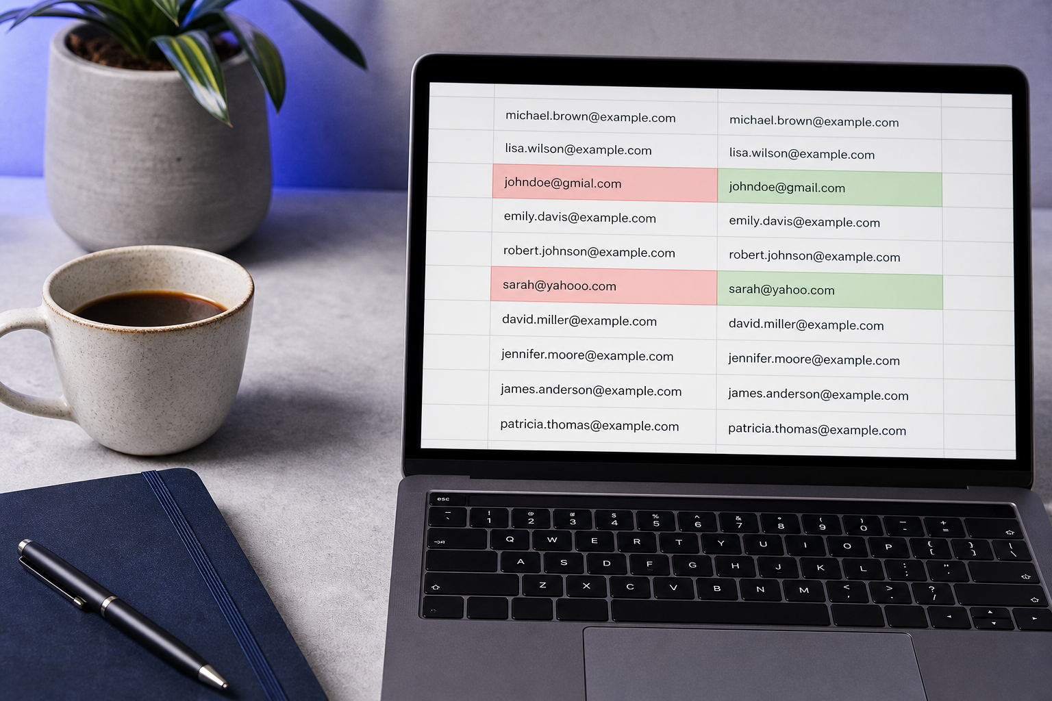 Vue à plat ou capture d'écran d'un tableur avec des adresses e-mail. Quelques lignes surlignées en rouge montrent des fautes de frappe (johndoe@gmial.com, sarah@yahooo.com) ; la colonne adjacente montre les versions corrigées en vert. Propre, simple, immédiatement lisible.