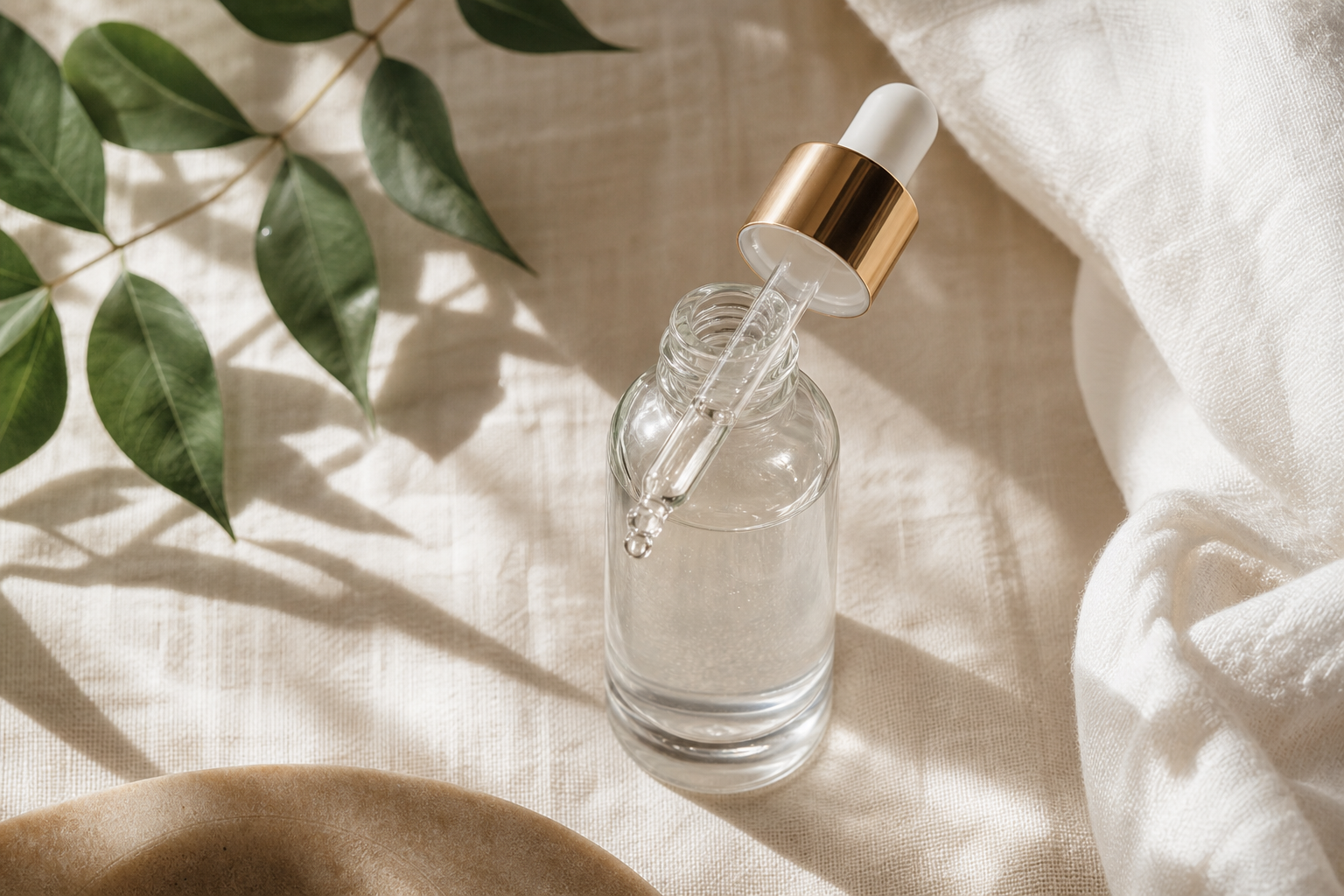Close-up overhead shot of a single niacinamide serum bottle on a soft beige linen backdrop, with a few green leaves and a folded white cloth nearby. The dropper is partially out of the bottle, with a single droplet visible. Natural morning light from