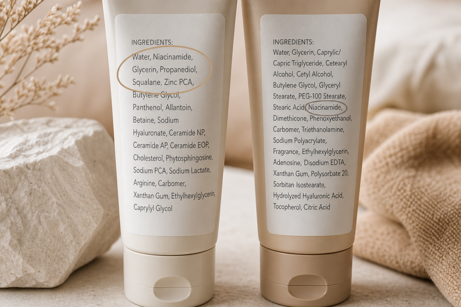 Macro close-up of two product back-label ingredient lists side by side — one with niacinamide listed in the top 5 ingredients (highlighted with a soft circle), the other with it buried at position 8+ (highlighted in muted gray). Caption: "Positi