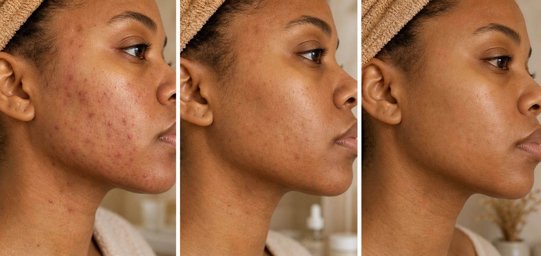 A 3-panel horizontal grid showing the same person's cheek/jawline area at Week 1, Week 4, and Week 8. Each panel labeled subtly. Subject has visible inflammatory acne and post-acne redness at Week 1, noticeable calming at Week 4, and significantly sm