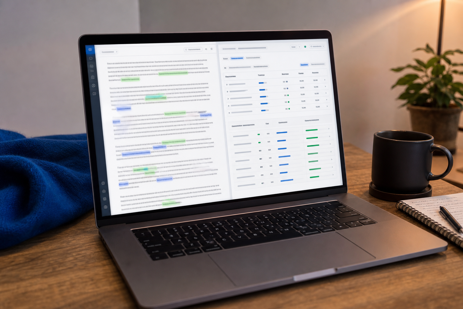 Ein sauberer, moderner Laptop-Bildschirm mit einer geteilten Ansicht – auf der linken Seite ein Artikelentwurf in Bearbeitung mit hervorgehobenen Keywords, auf der rechten Seite ein SERP-Analysepanel mit Wettbewerber-URLs und Inhaltsabstandsindikatoren. Warmes Schreibtischlicht, leicht