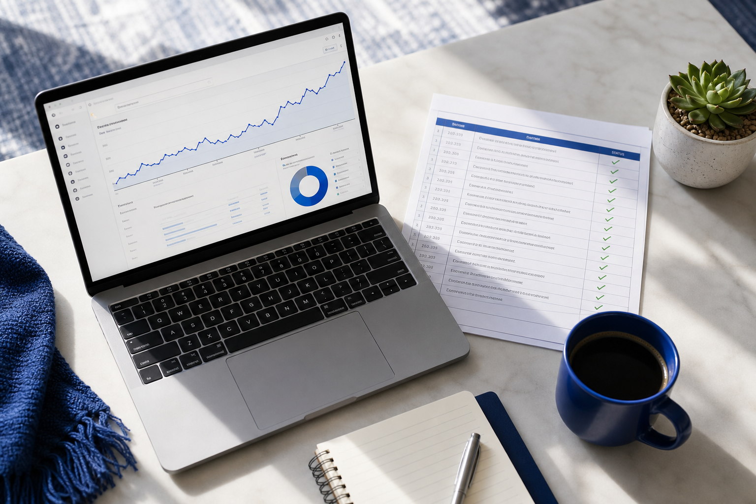 Eine saubere Vogelperspektive eines Arbeitsplatzes – Laptop mit einem Google Analytics-Dashboard mit einer aufsteigenden organischen Traffic-Linie, einem gedruckten Content-Kalender-Tabellenblatt daneben mit in Grün abgehakten Artikeltiteln, einer Kaffeetasse und