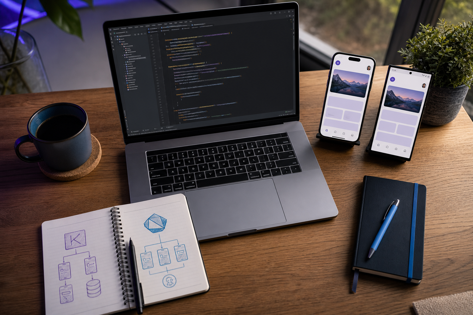 Overhead shot of a developer's desk — MacBook open showing Android Studio with Kotlin code on the left half of the screen, iPhone and Android phone propped beside it displaying the same UI. Coffee, notebook with framework names sketched out. Warm, na