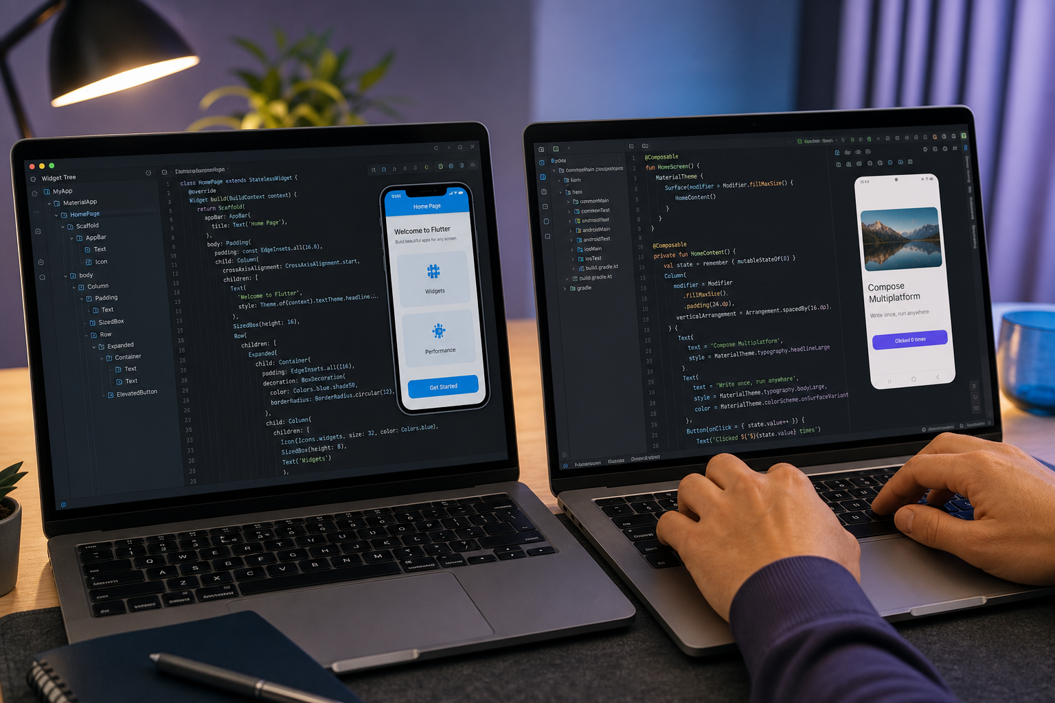 Split-screen close-up shot of two laptops side-by-side on a developer co-working desk. Left laptop shows Flutter widget tree in VS Code; right laptop shows a Compose Multiplatform Kotlin file in Android Studio with iOS simulator visible. Hands typing
