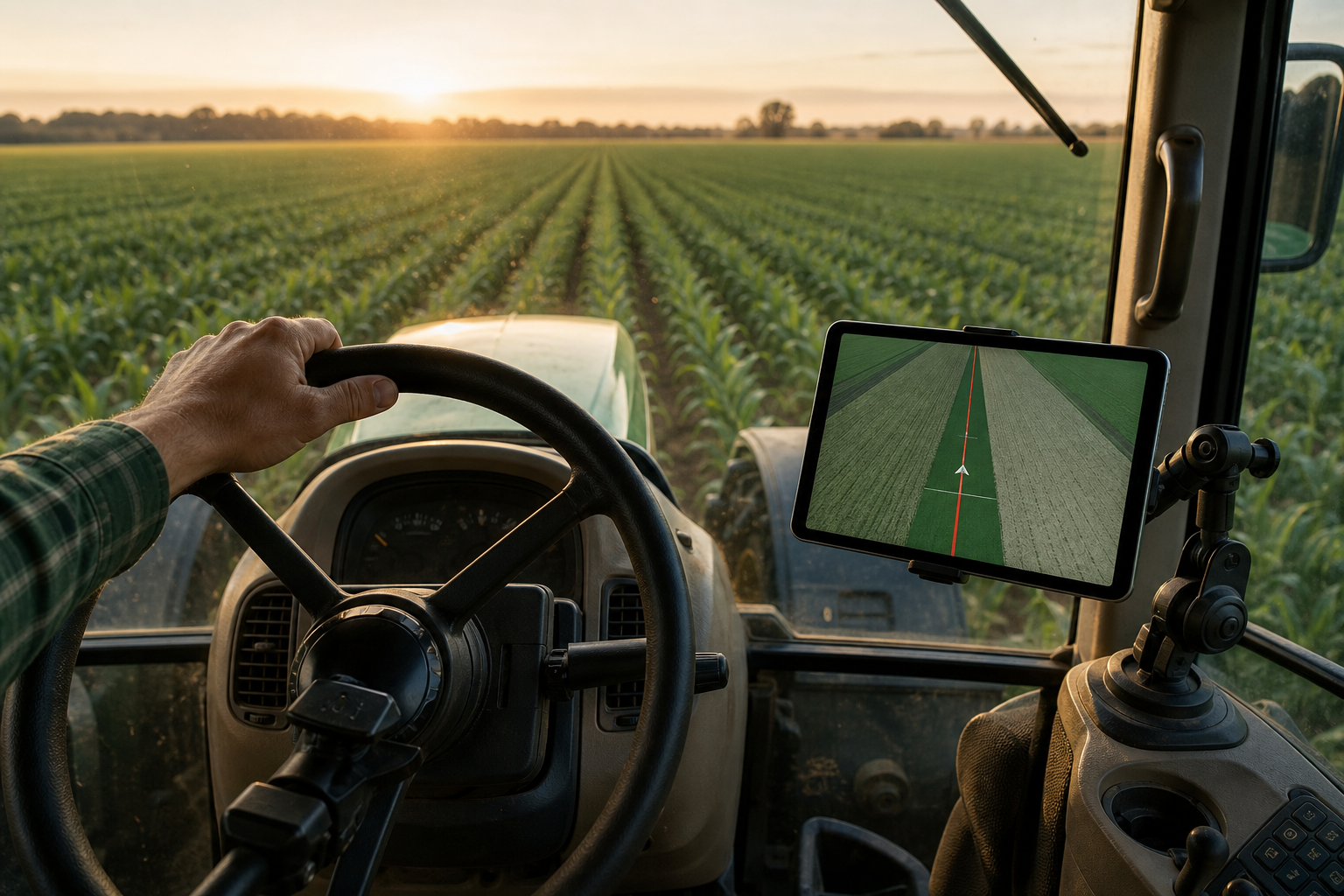 Tractor cab interior at golden hour — operator's POV through windscreen showing a straight crop row receding into distance. iPad mounted on RAM-style dash mount running a guidance app with a clear A–B line overlay. Steering wheel motor visible at bas