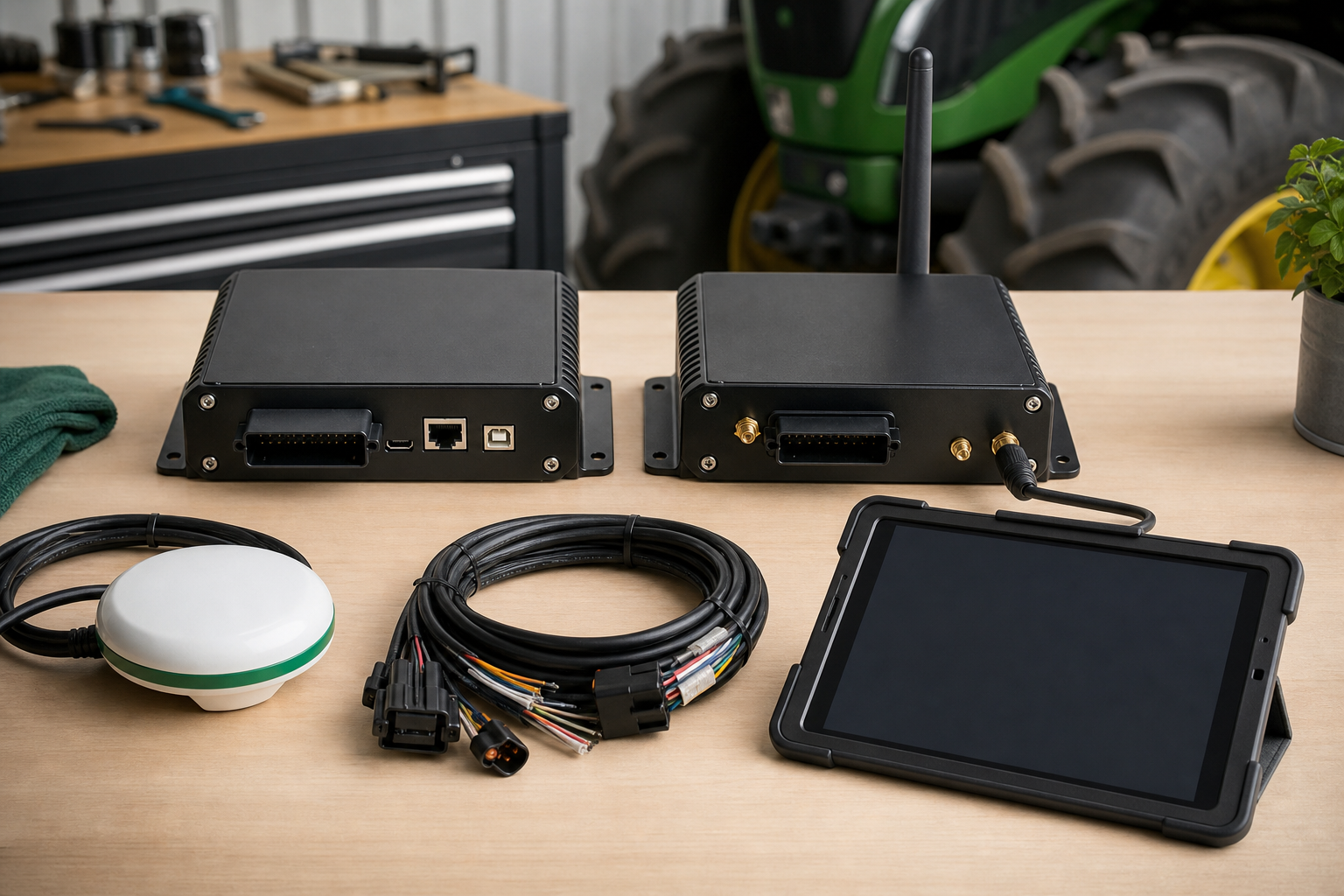 Side-by-side product shot on a clean workshop bench — wired autosteer controller on left, 4G modem variant on right. RTK antenna, wiring harness, and an iPad in a rugged case staged below. Overhead lighting, neutral background. Caption: "Two har