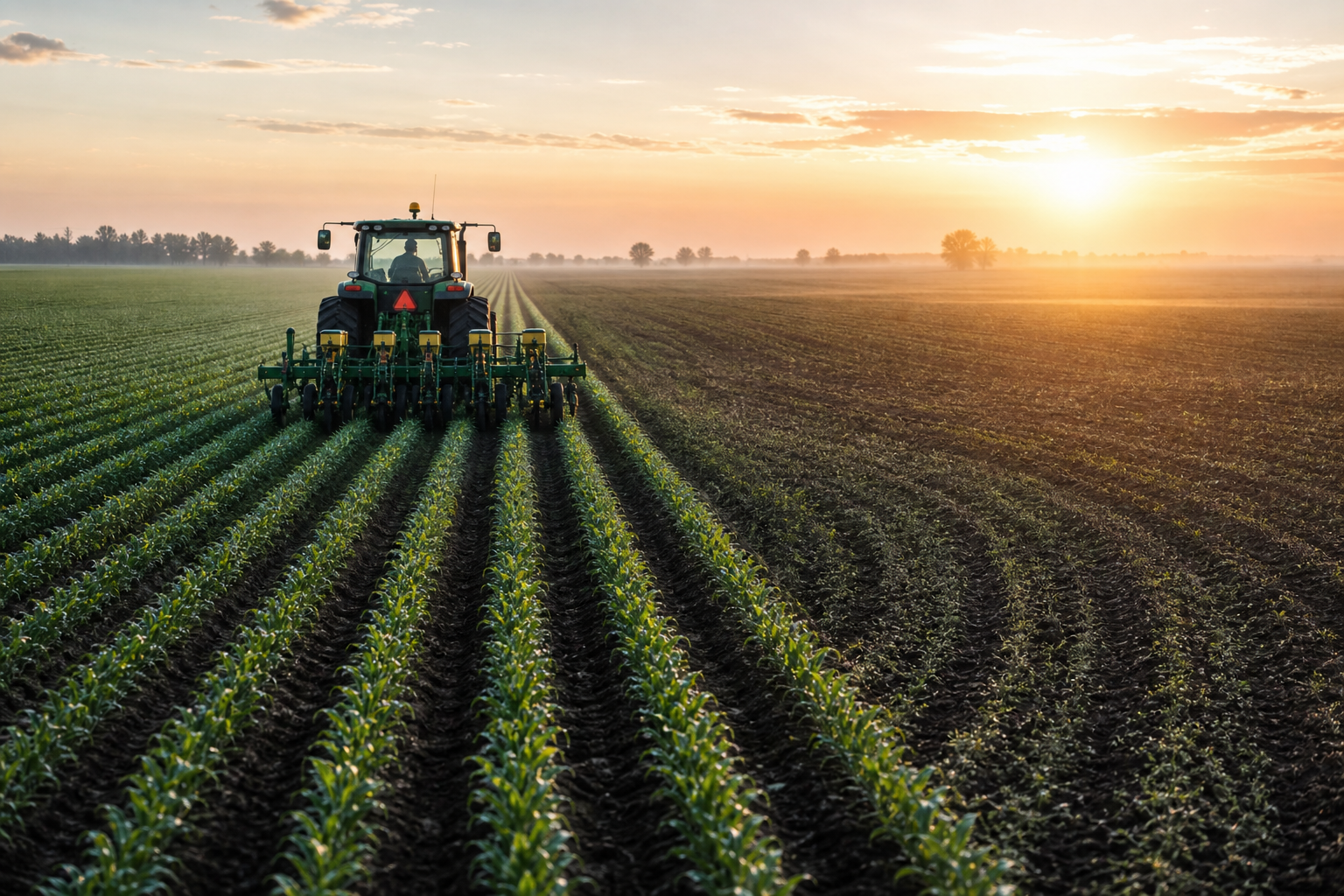Tractor working at dawn — dew visible on the crop, low-angle sun catching the RTK antenna on the cab roof. Tractor pulling a planter or cultivator down a perfectly straight row that recedes to the horizon. Visible in the foreground: the precision of