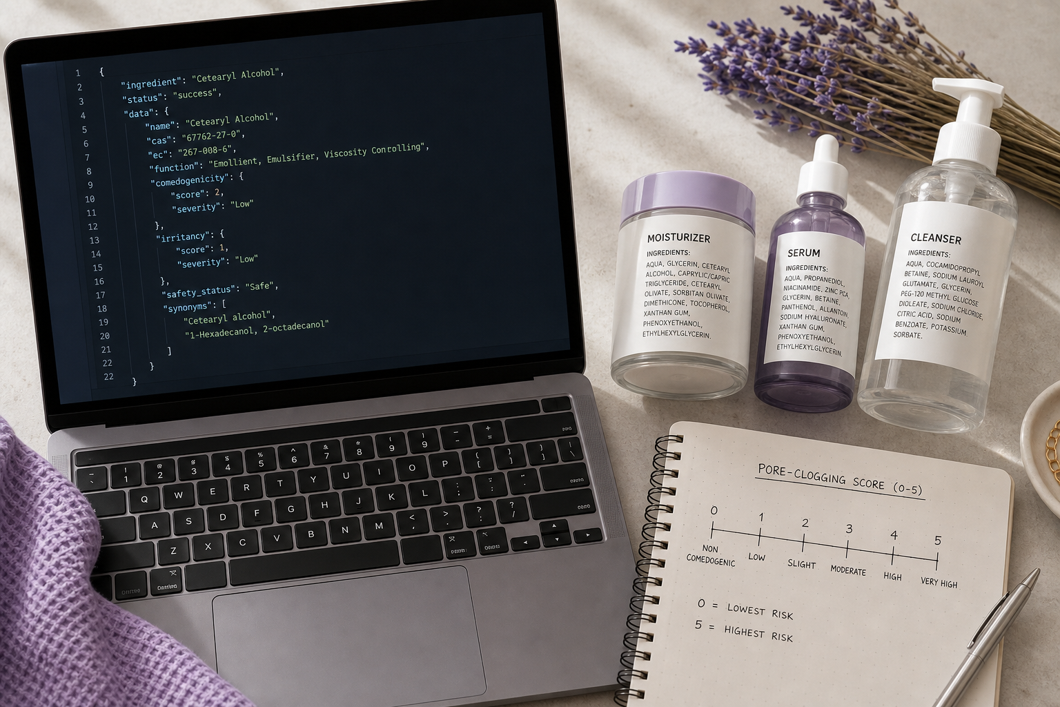 Flat-lay over a developer's workspace — open laptop showing a JSON ingredient response in a code editor on the left side of the frame; on the right, three skincare bottles (moisturizer, serum, cleanser) with ingredient labels facing up; a notebook wi