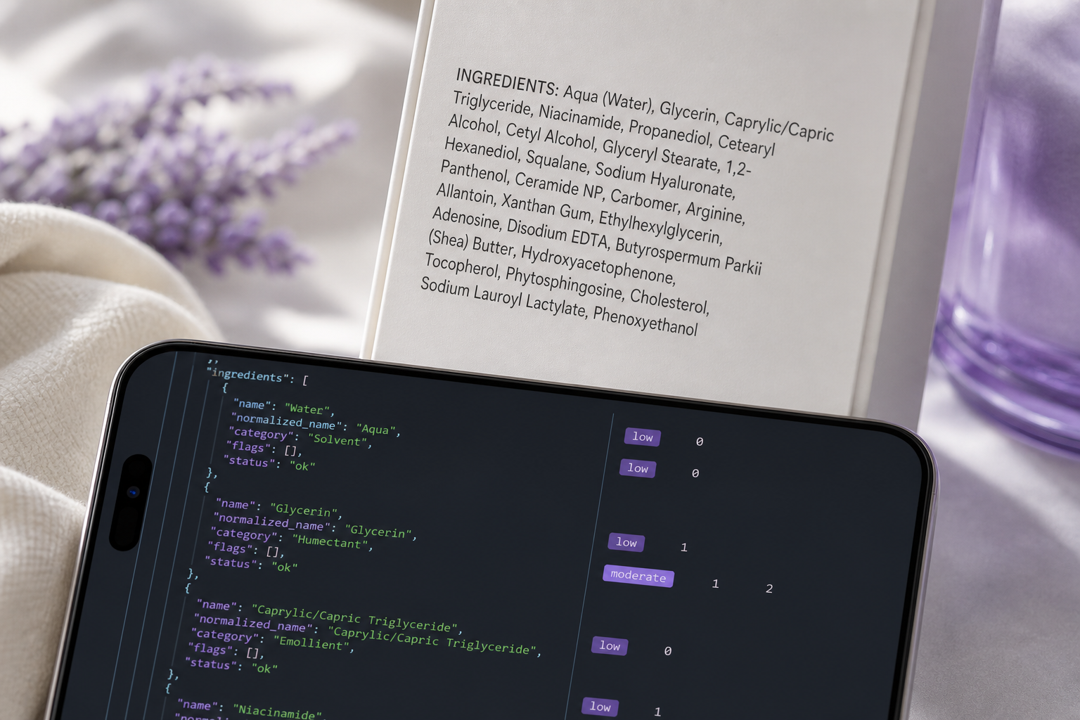 Close-up of a skincare product back label with the ingredient list in focus; a phone in the lower-third of the frame shows a parsed and highlighted version of the same list in a developer console. Shallow depth of field. Demonstrates the OCR and norm
