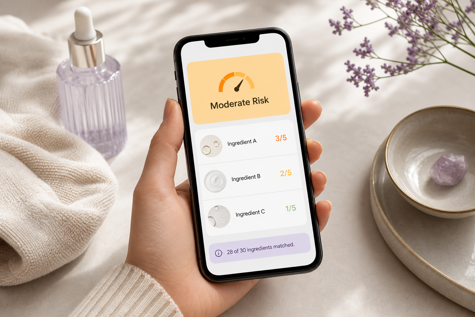 A smartphone screen mockup showing the user-facing checker UI — a colored risk badge at the top reading "Moderate Risk," a list of three ingredients with 0–5 scores beside each, and a footer caveat reading "28 of 30 ingredients matched
