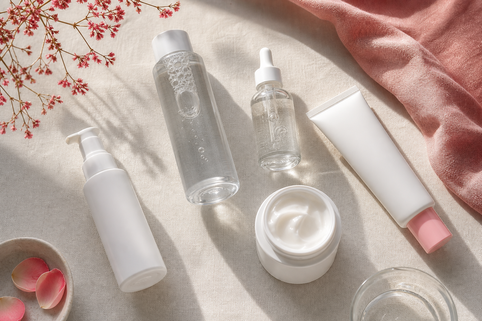 Clean overhead flat-lay on a neutral off-white linen surface showing 4-5 niacinamide products of varying formats — a clear dropper serum, a white moisturizer jar, a toner bottle, a tinted sunscreen tube, and a cleanser. Soft natural side-lighting, no