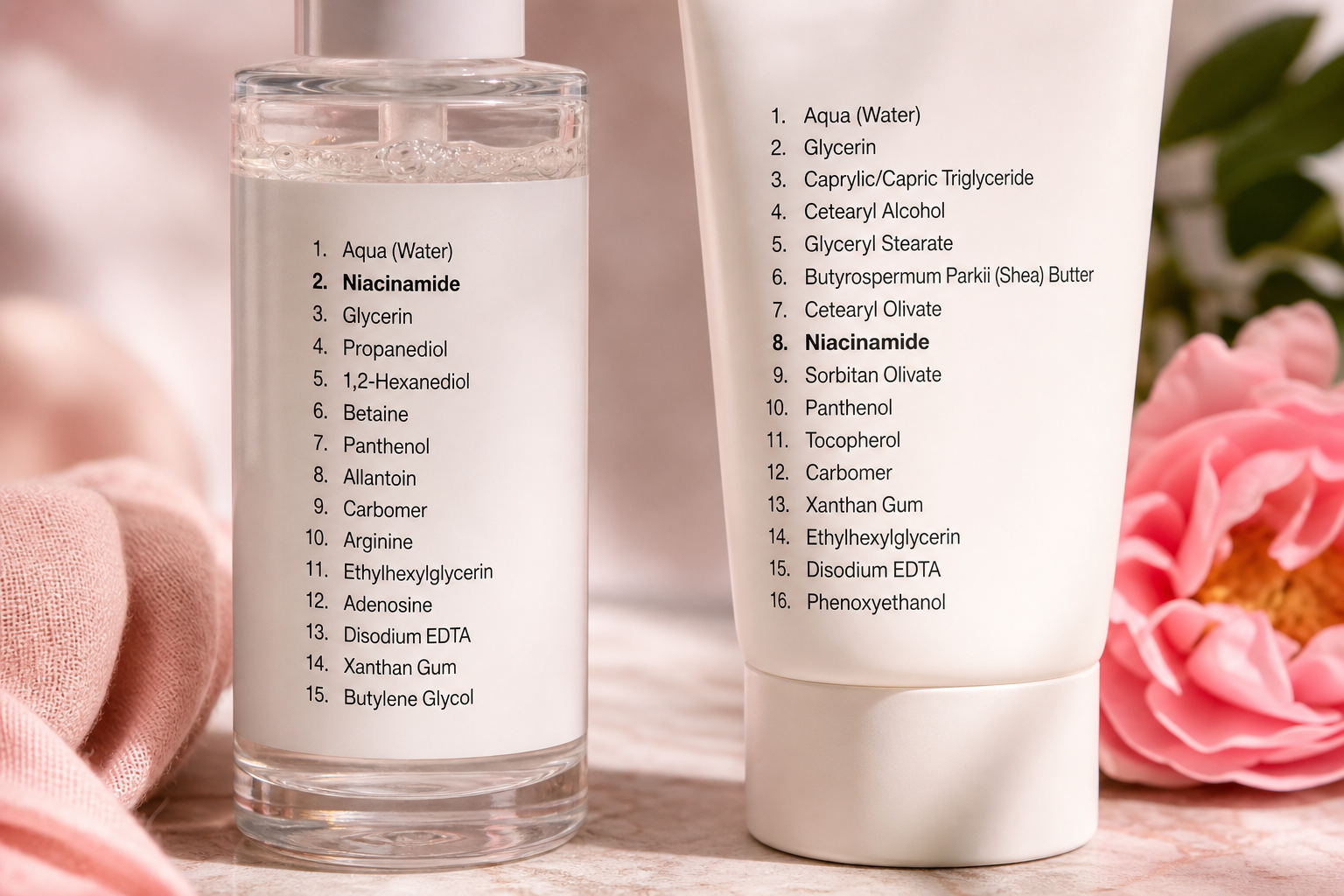 Side-by-side close-up of two product ingredient lists shot at the same angle and crop — one with niacinamide visible at position #2 on a clear serum bottle, and one with niacinamide buried at position #8 on a moisturizer tube. Both labels in sharp fo