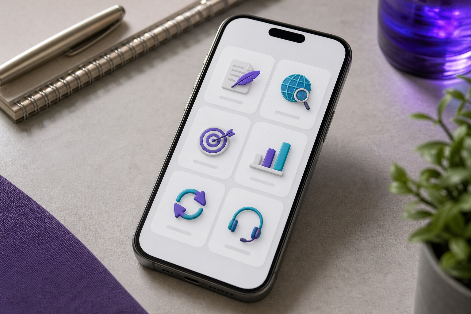 Close-up product shot of an iPhone showing a no-code AI agent dashboard with six specialist agent icons (Blog Writer, Web Scraper, Lead Hunter, Report Builder, Content Repurposer, Support Drafter) arranged in a grid. Slight angled top-down view, soft