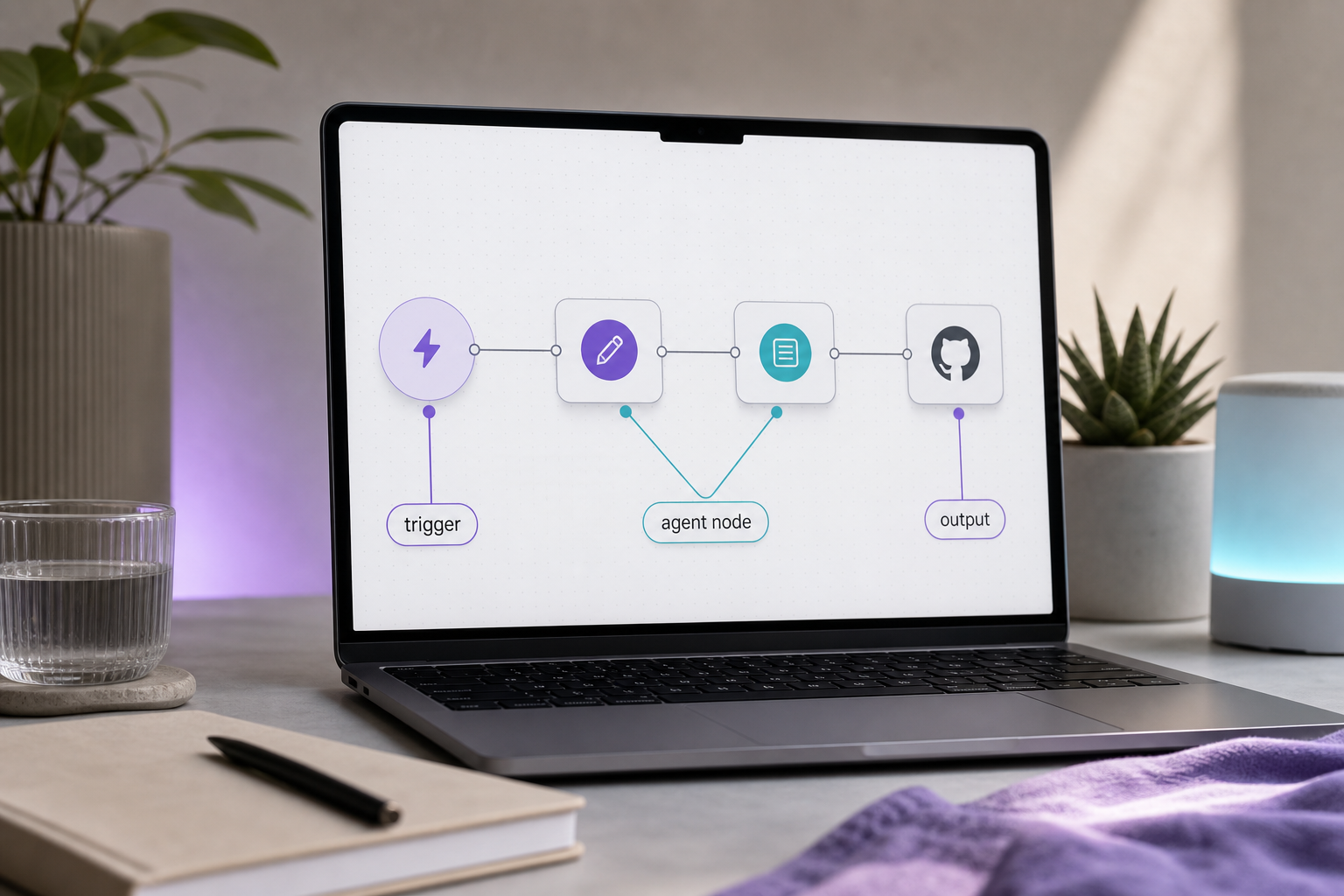 Annotated screenshot of a no-code workflow canvas showing 4-5 connected nodes — a trigger circle on the left, two agent nodes in the middle with distinct Specialist Badge icons, an output node on the right showing a GitHub logo. Callout arrows label