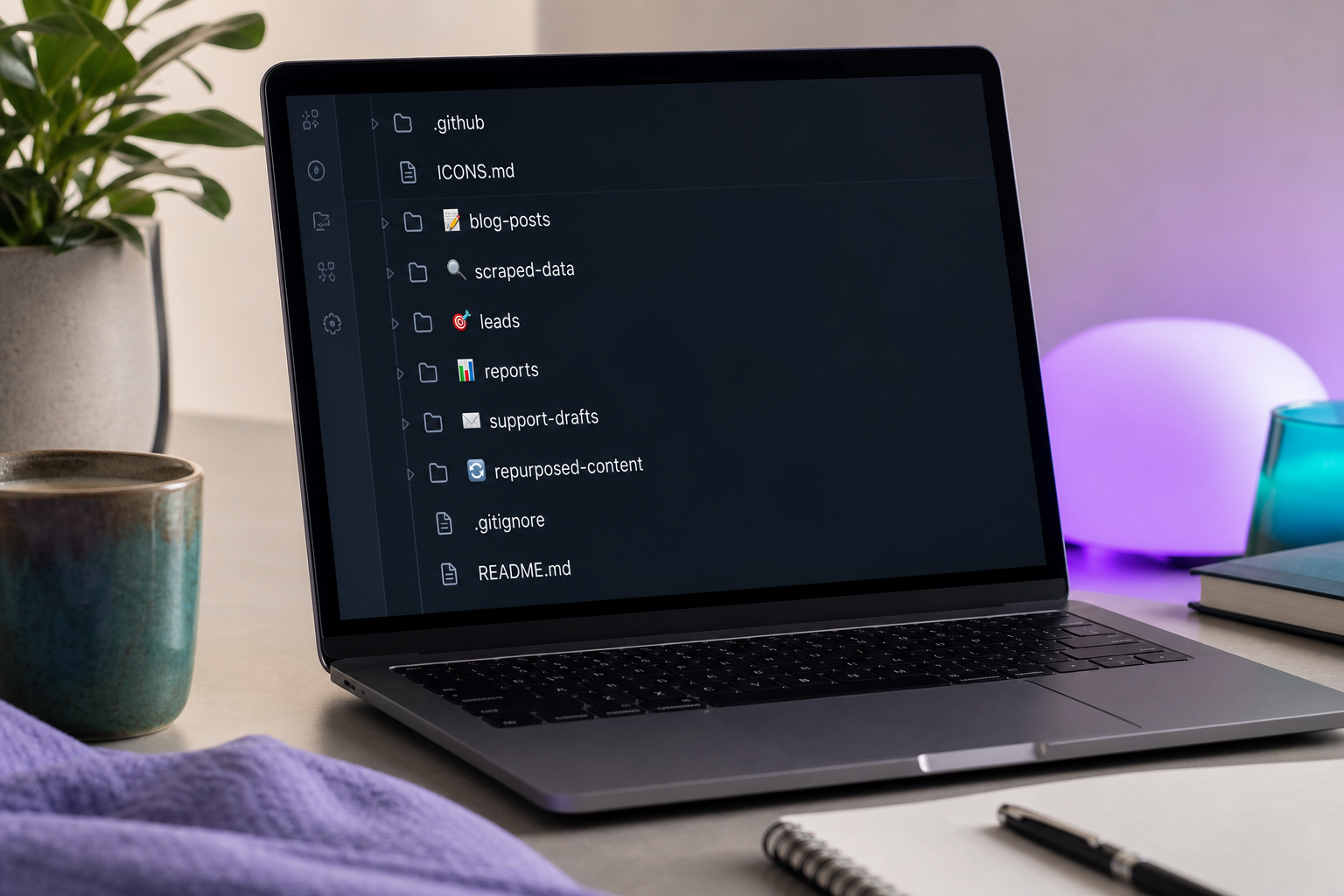 Screenshot of a GitHub repository file tree showing folder names prefixed with emoji (📝 blog-posts, 🔍 scraped-data, 🎯 leads, 📊 reports, ✉️ support-drafts, 🔄 repurposed-content). An ICONS.md file is visible near the top of the tree. Realistic, pl