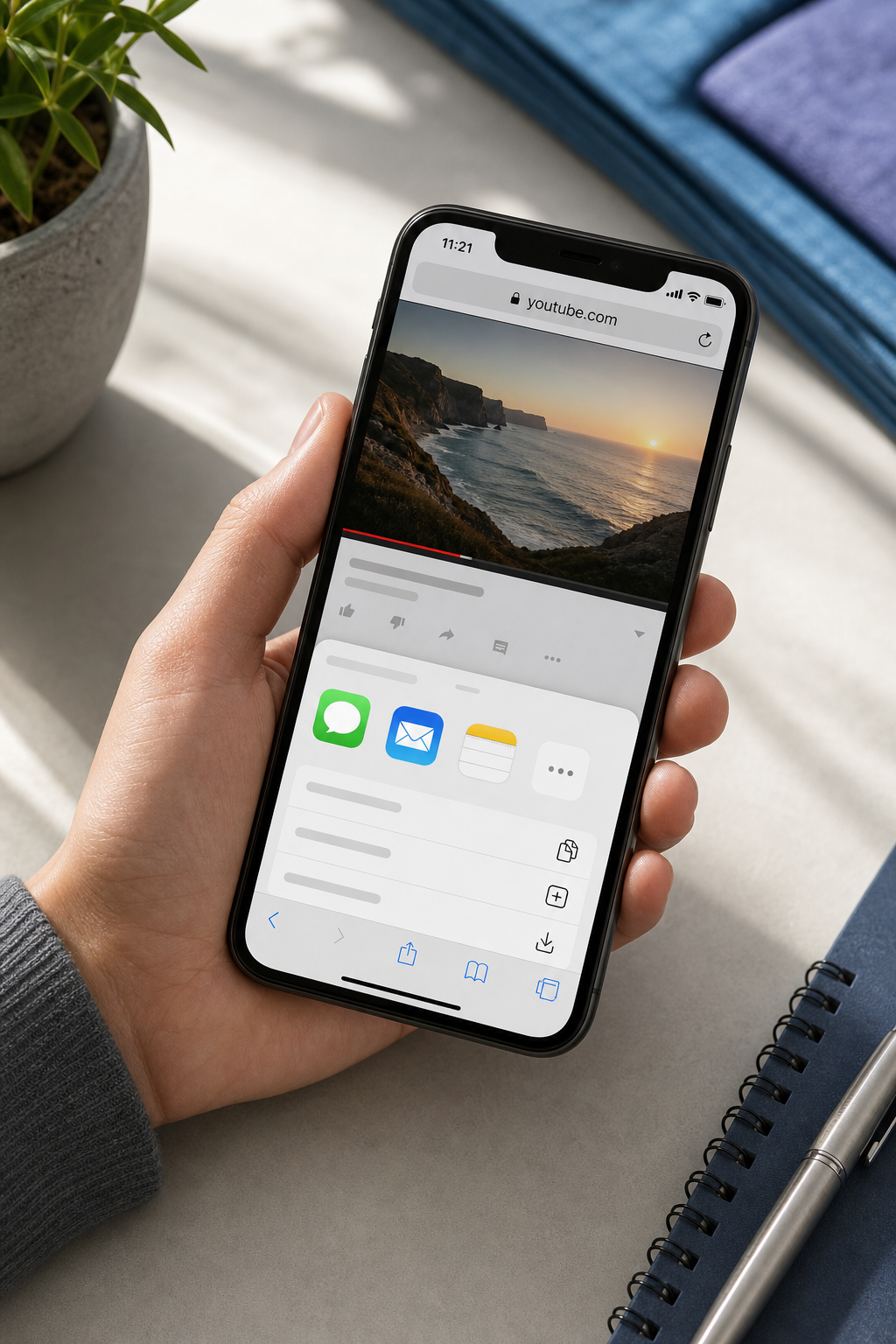 一只手持iPhone，屏幕显示Safari打开了YouTube视频观看页面，地址栏中可见URL，分享菜单部分展开。自然日光，略微俯视角度，竖屏方向。