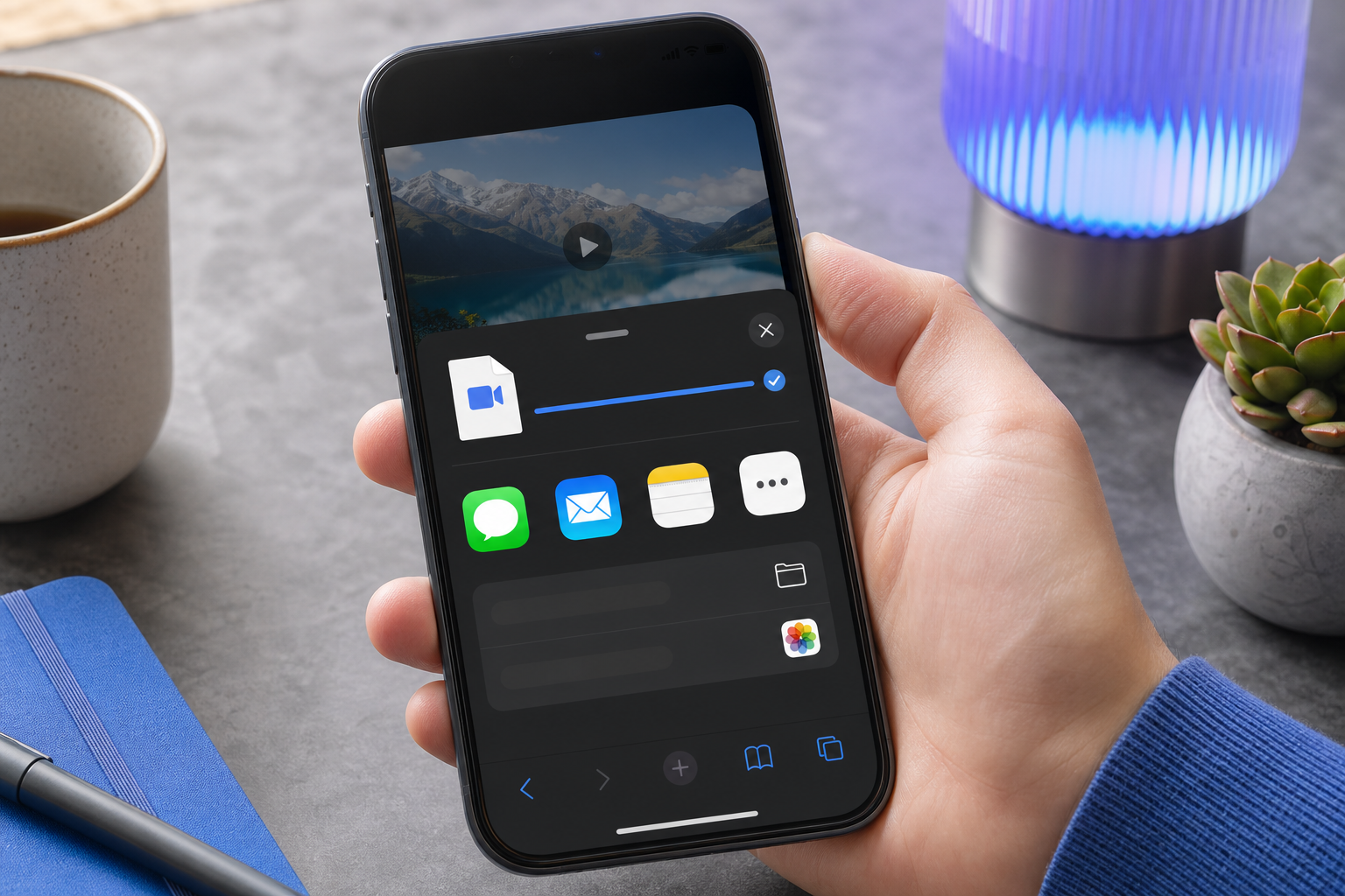 iPhone Safari下载托盘展开的特写，显示已完成的MP4文件，分享/保存选项可见——保存到文件或照片的那一刻。