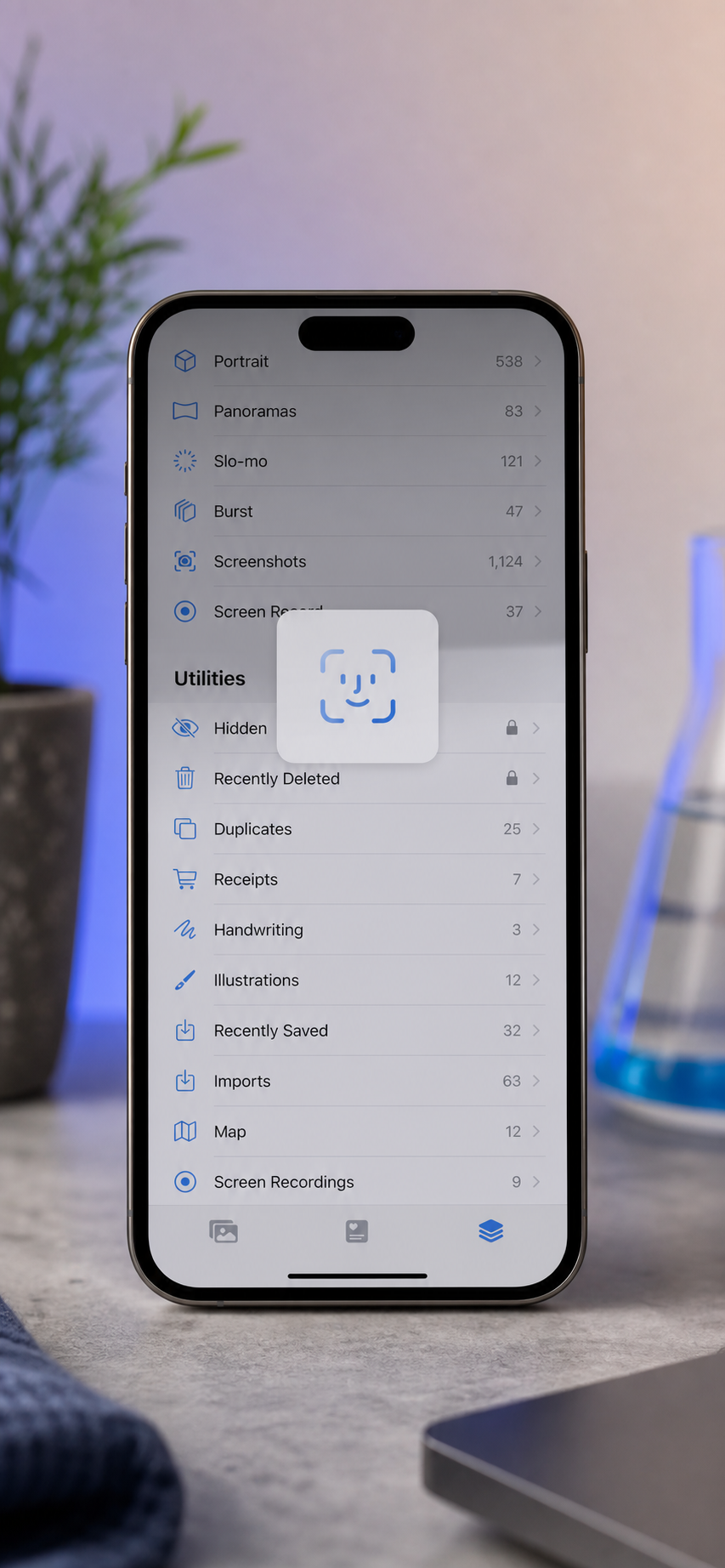 iPhone显示照片应用的相册标签，滚动到实用工具，可见隐藏相册和Face ID锁定提示覆盖层。竖屏方向，仅屏幕构图。