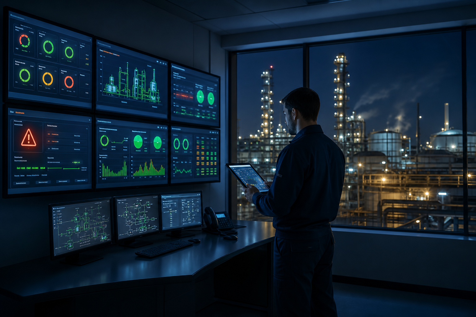 Wide-angle shot of an industrial control room at night — multiple wall-mounted screens showing asset health dashboards in green/amber/red, one operator standing with a tablet reviewing an active alert. Real environment, not staged stock. Color grade: