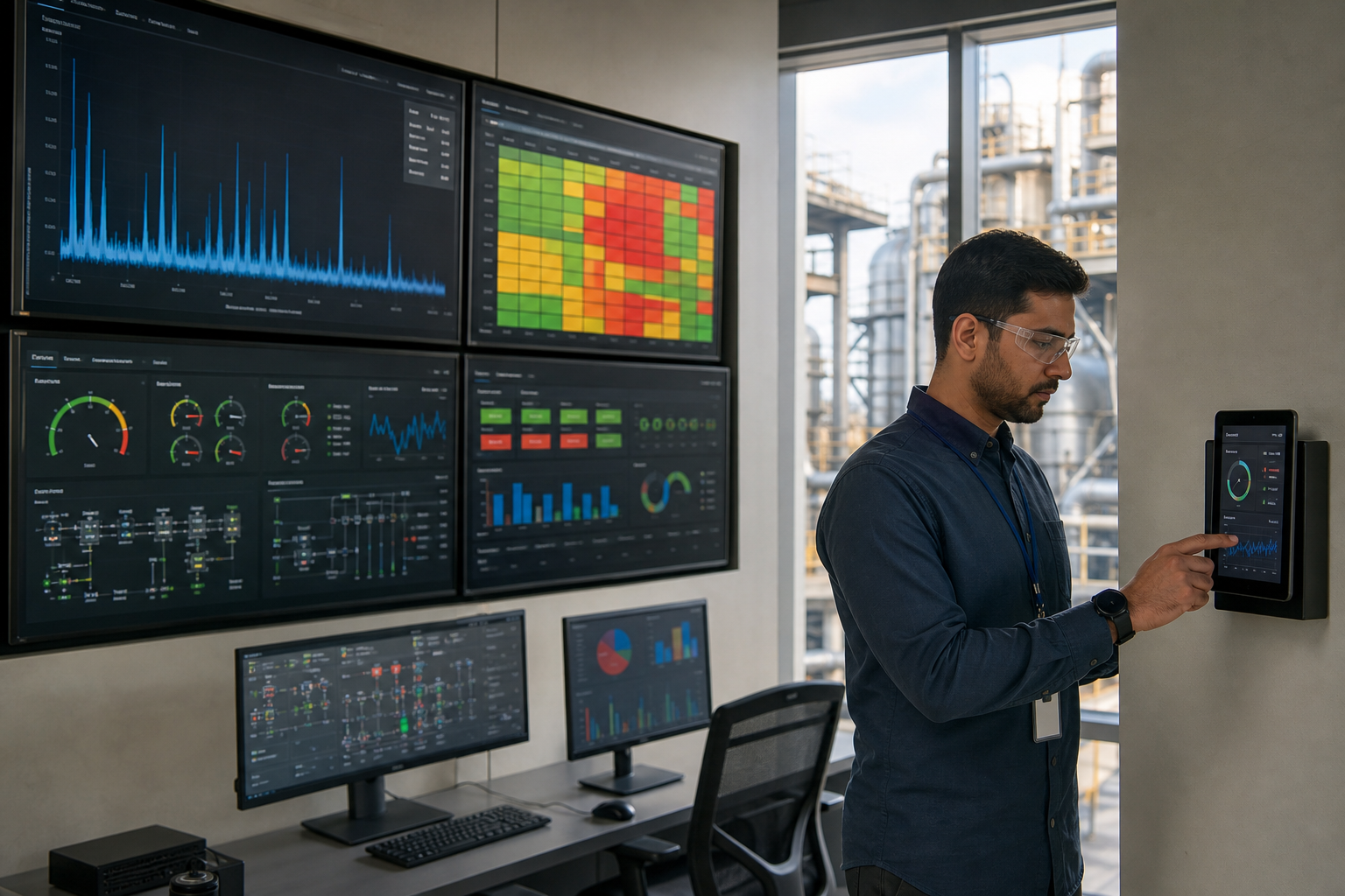Operations control room showing live industrial monitoring dashboards across multiple screens — one screen visibly displays a vibration spectrum, another shows an asset health heatmap. A technician in PPE-light apparel (safety glasses, ID badge) revi