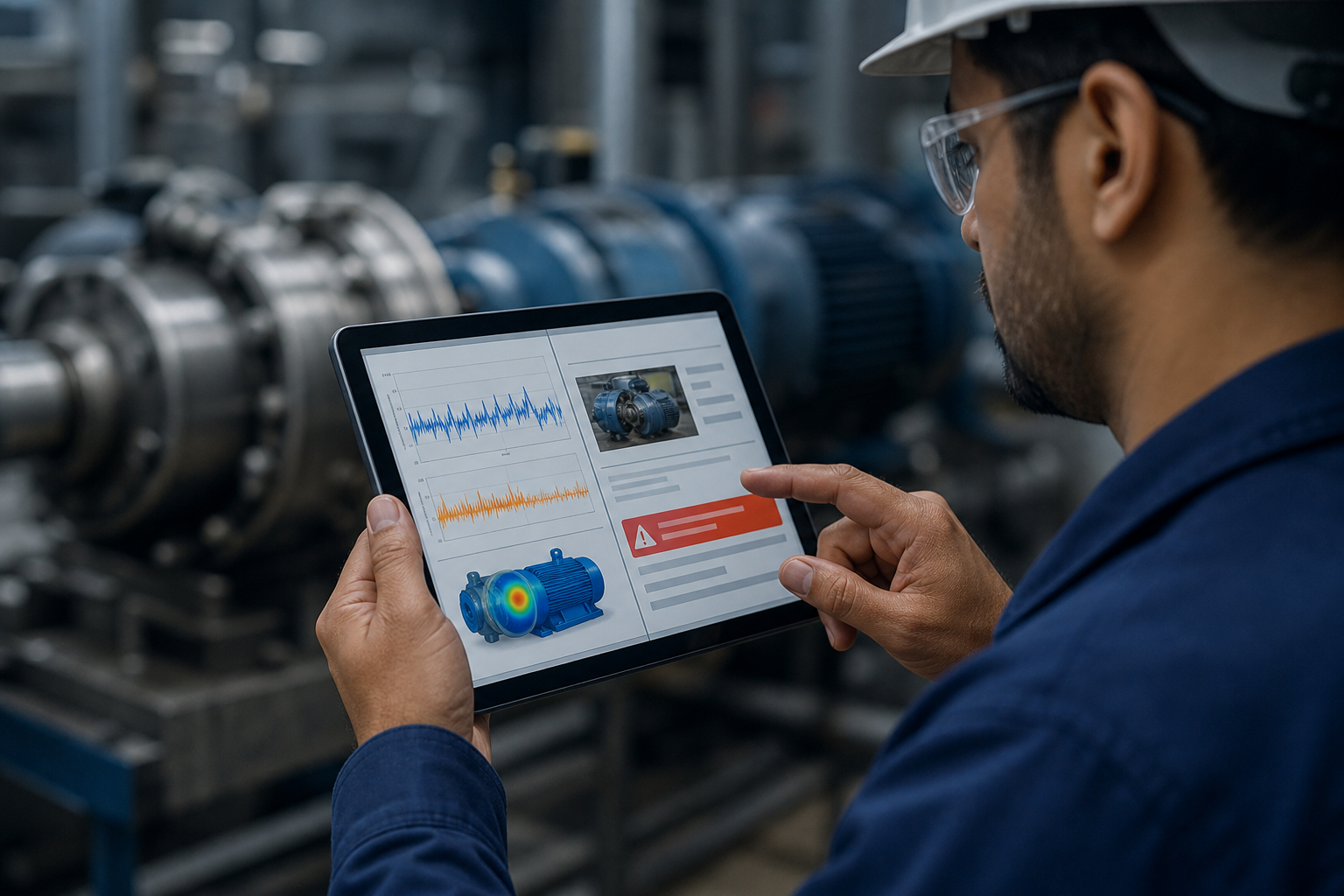 Close-up of an industrial engineer reviewing a digital tablet showing equipment diagnostic curves and an alert ticket on a factory floor. Background: rotating machinery (slightly out of focus), industrial lighting. The engineer's posture: actively ev