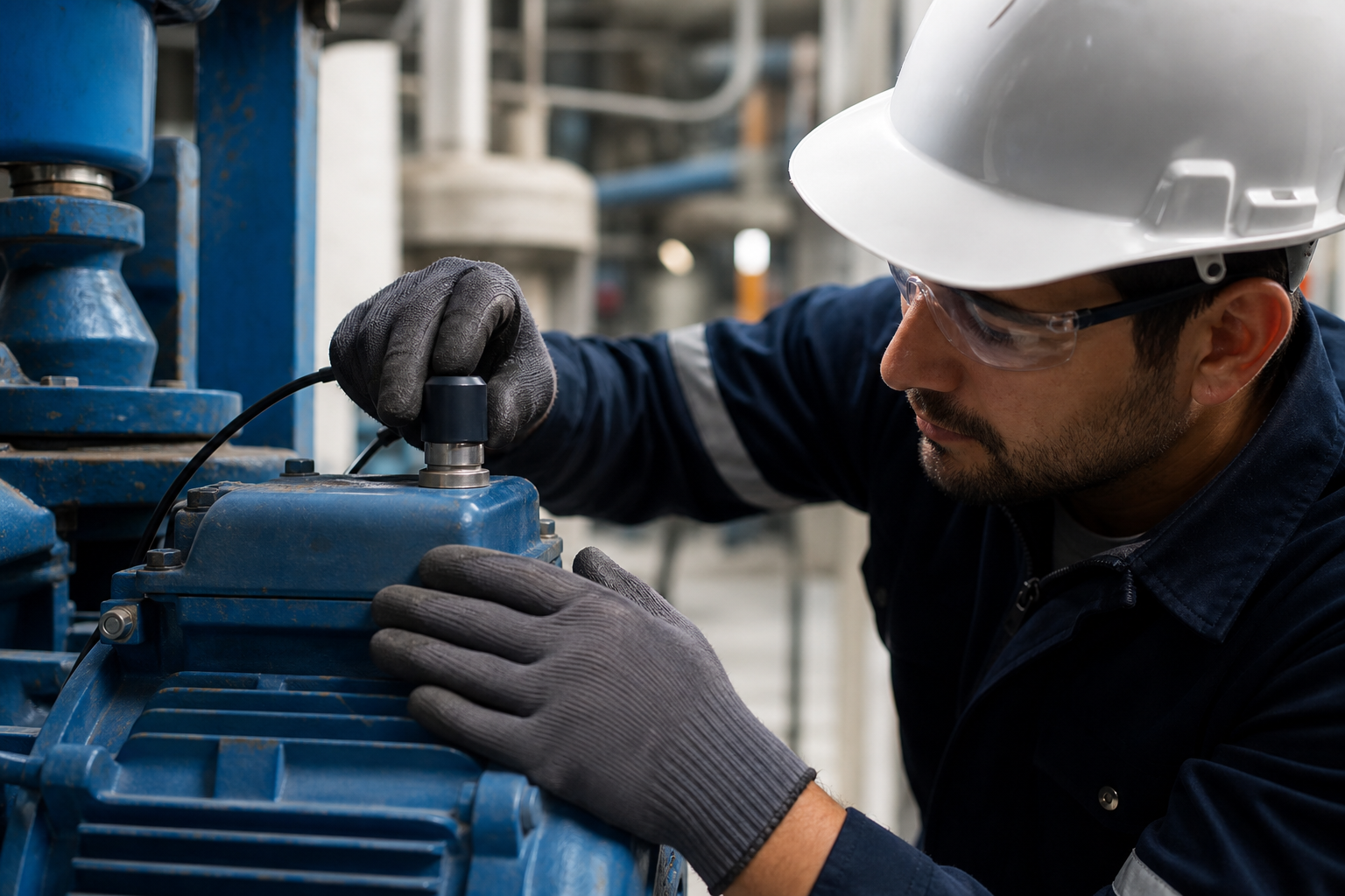 Industrial technician (gloves, hard hat) installing a small IoT vibration sensor with magnetic mount onto a rotating motor housing in a manufacturing plant. Sensor and hands in sharp focus, machinery context visible. Captures the physical reality of