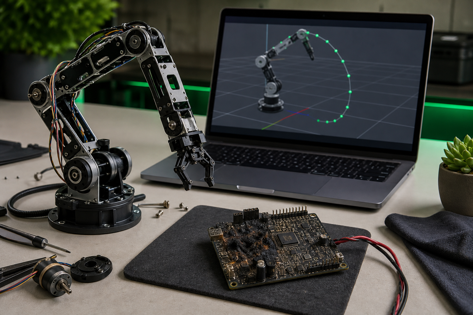 A workbench with a partially assembled 6-DOF robot arm, a fried motor driver board with visible burn marks on the foreground, and a laptop in the background displaying a Gazebo simulation of the same arm executing the corrected trajectory cleanly. Sl