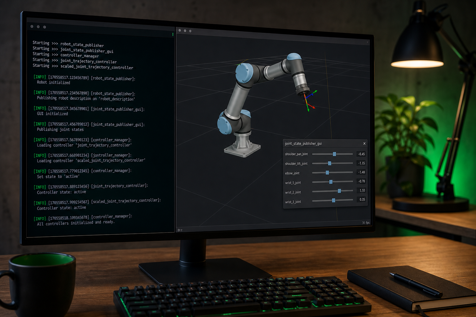 Split-screen capture. Left: a tmux pane showing ros2 launch output with robot_state_publisher and controllers all reporting [INFO] ready status. Right: RViz2 rendering a UR5e URDF with the joint_state_publisher_gui slider window overlaid in the corne