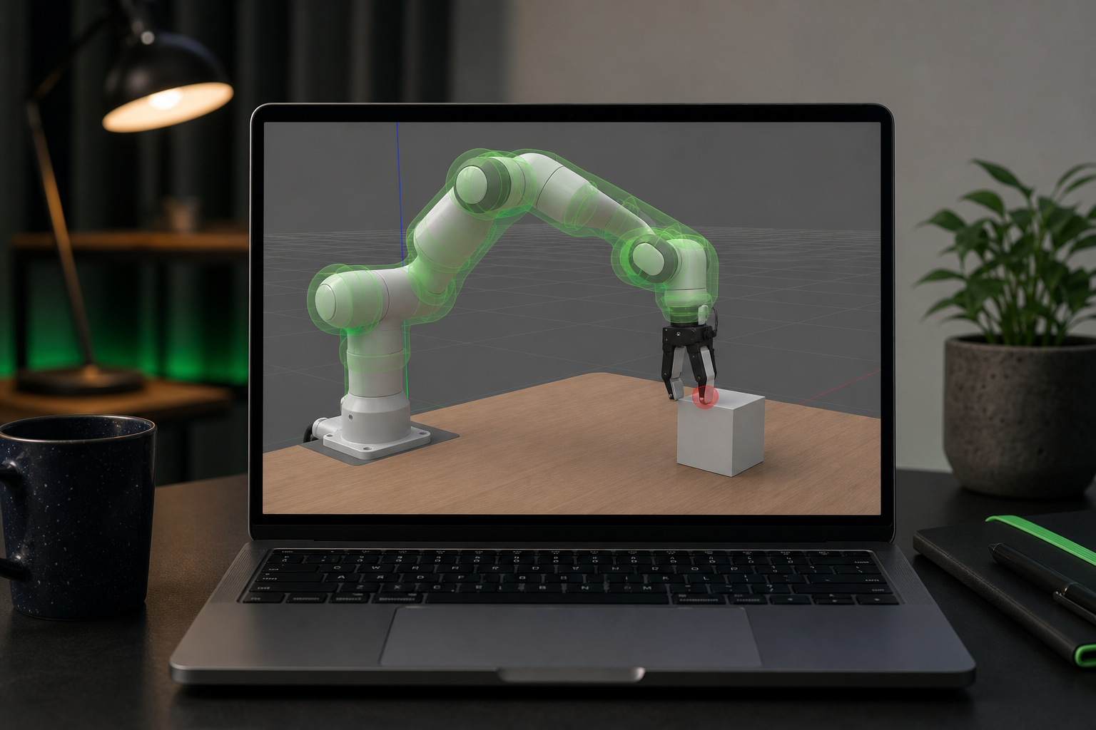 Gazebo viewport showing a Franka Panda arm in a tabletop scene with collision meshes rendered as semi-transparent overlays on the visual meshes — green for no contact, red highlighting at one fingertip touching a cube.
