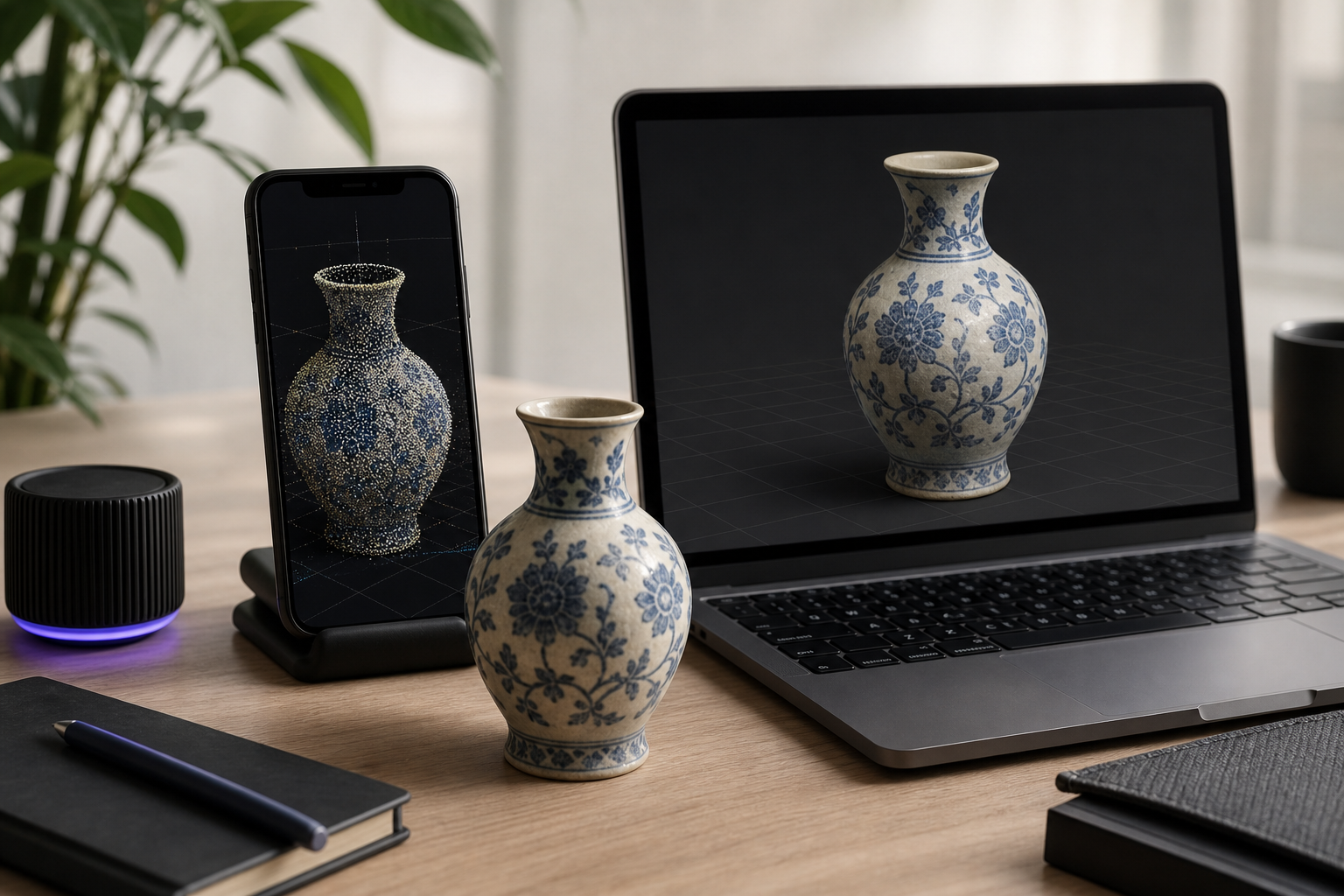 Side-by-side workbench composition. Left half: an iPhone screen displaying a dense, colored point cloud of a small physical object (ceramic vase or chair). Right half: the same object rendered as a smooth, shaded textured mesh on a laptop screen. The