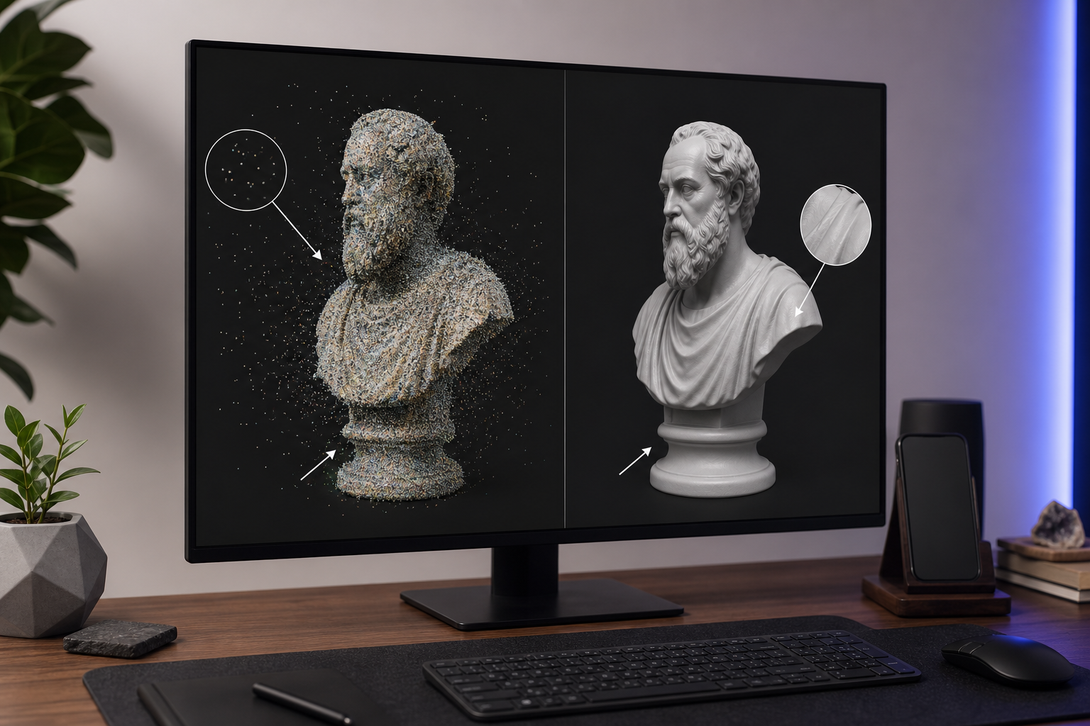 Desktop monitor screenshot of MeshLab or CloudCompare showing a Voxelio-exported PLY in a two-pane comparison. Left pane: raw colored point cloud with visible noise and outliers. Right pane: the reconstructed Poisson mesh as a smooth shaded surface. 