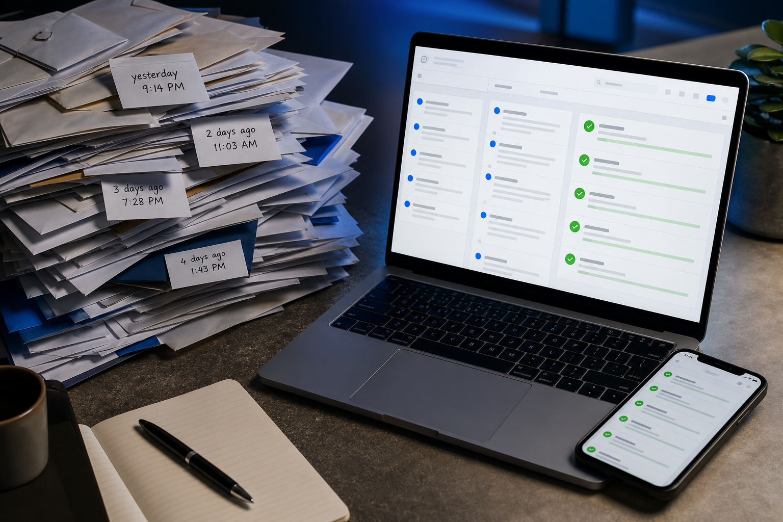 Hero image — split-scene composition. Left half: an overflowing email inbox with timestamps showing unanswered tickets stacked across multiple days, slightly desaturated. Right half: a clean, modern dashboard interface showing real-time answer respon