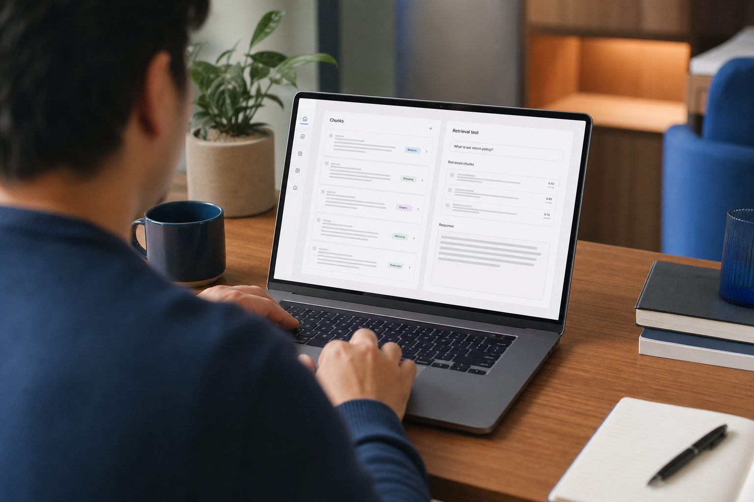 Over-the-shoulder shot of someone configuring a knowledge base dashboard on a laptop — visible are chunked document cards, tag labels, and a retrieval test pane on screen. Product-agnostic UI mockup feel. Warm office lighting, slight blur on backgrou