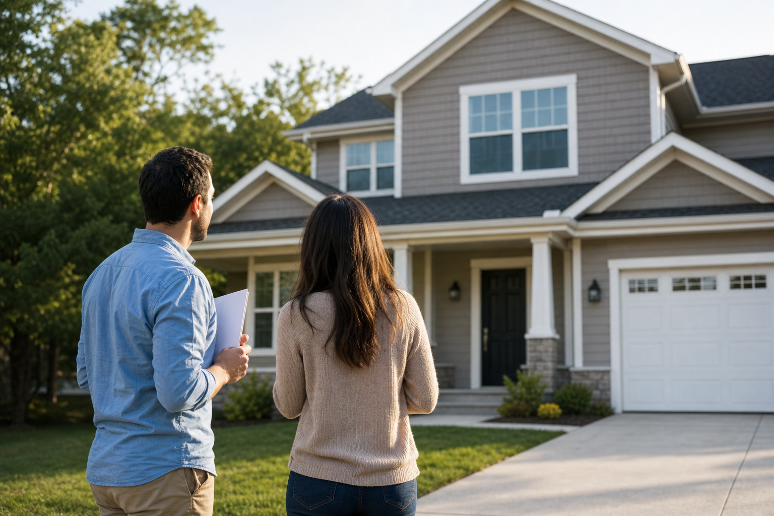 Hero image — a couple in their 30s standing in the driveway of a modest single-family home (suburban, mid-priced), one holding a folder of paperwork, the other looking up at the house. Late-afternoon natural light. Aspirational but grounded — not sta