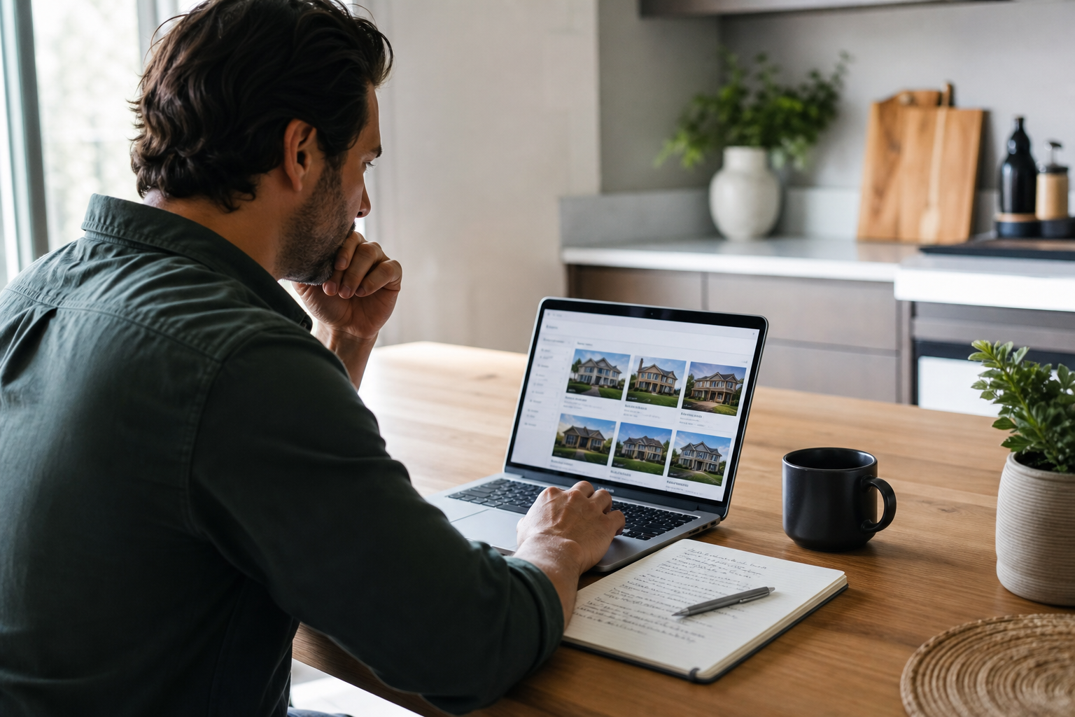 Person in their 30s–40s at a kitchen table with laptop open to a real estate listing site, notebook beside it with handwritten notes. Coffee mug, natural light. Research scene, not staged.