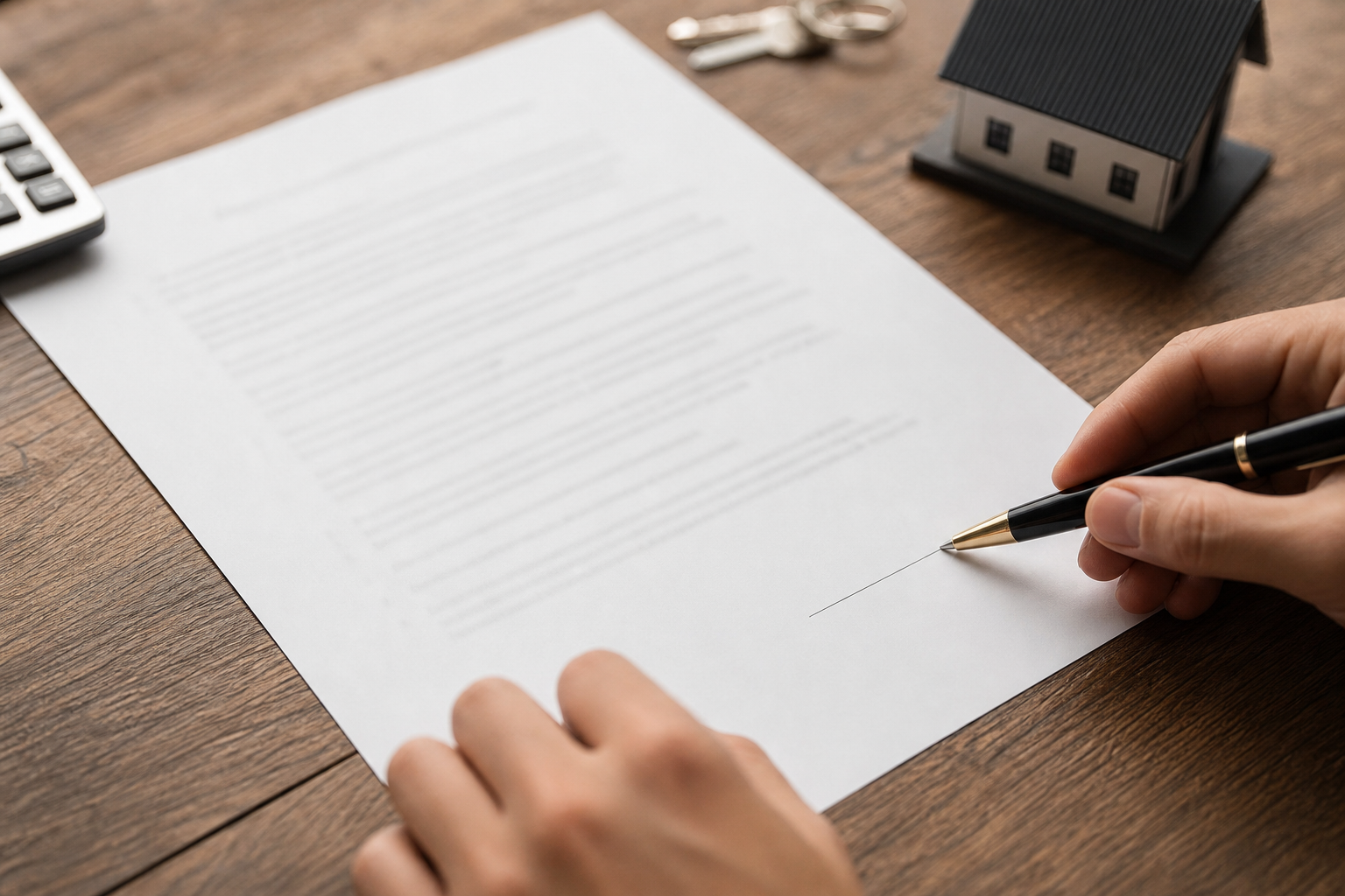 Close-up overhead shot of a contract document on a wooden surface, pen resting on signature line, partial view of hands. Document blurred enough to be illustrative, not real. Warm, professional lighting.